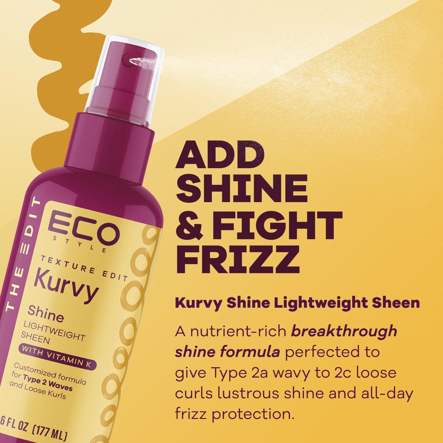 Eco Style, Texture Edit, Kurvy Shine Lightweight Sheen for Type 2a to 2c wavy hair - Finish off any style by adding rich nutrients for a perfectly