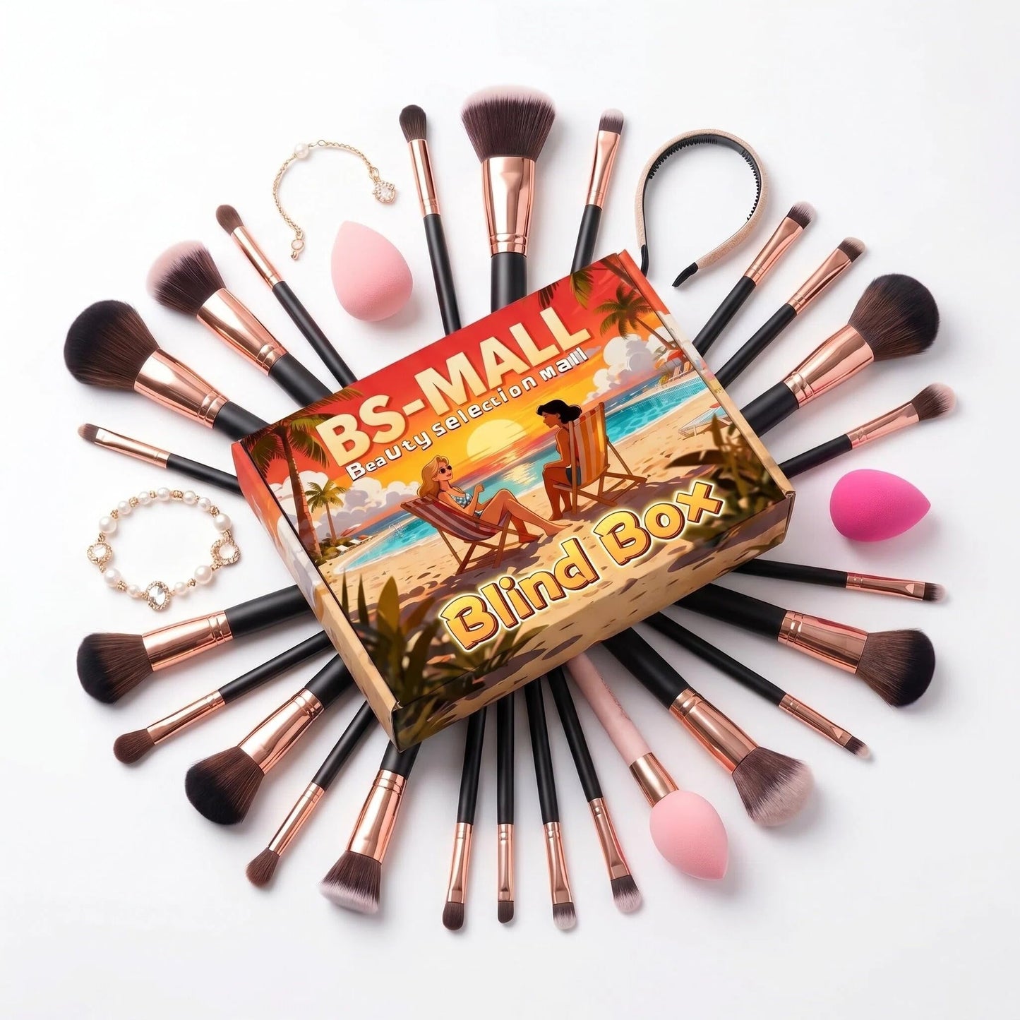 BS-MALL Makeup Brushes & Beauty Tools Assortment Box - Curated Collection of Makeup Brushes, Makeup Bag, Makeup Sponge, Hair Ties & More Professional Beauty and Personal Care BS-MALL