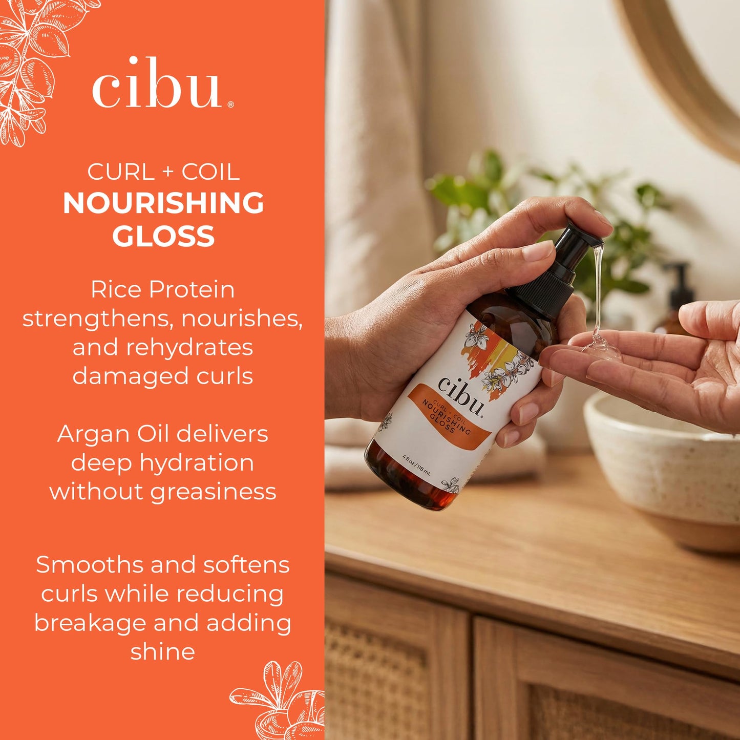 CIBU Curl + Coil Nourishing Gloss - Rice Protein Hair Serum for Frizz and Curly Hair - Lightweight Gloss for Extra Moisture