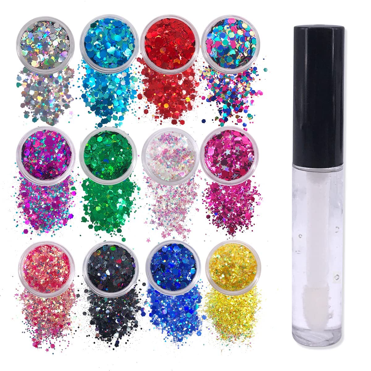 12 Pack - Multi-Colored Face & Body Glitter - Glue Included - Rainbow Chunky Glitter - Uses Include: Festival Rave Makeup Face Body Nails Resin Arts