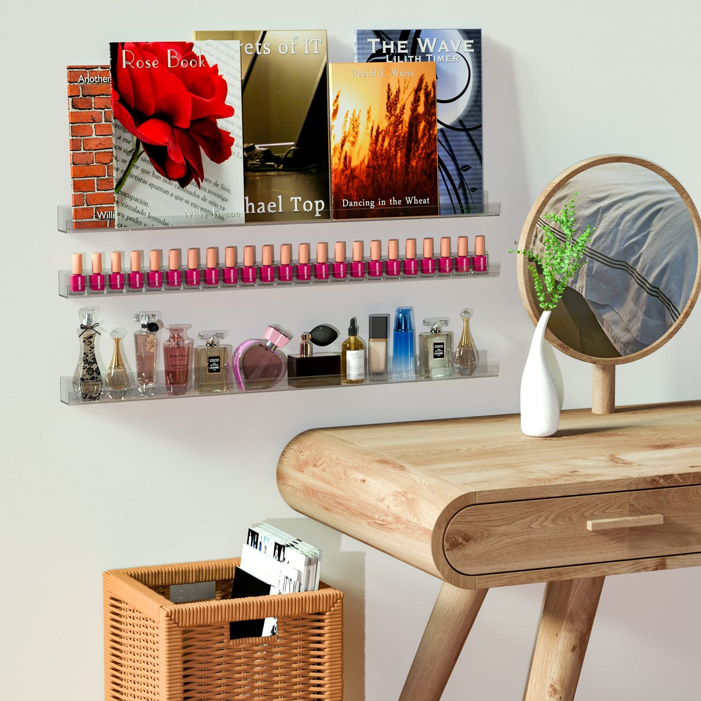 Sezanrpt 32 Inches Acrylic Nail Polish Rack Shelf for Wall, Clear Nail Polish Organizer Wall Mounted for 192 Bottles, 6 Pack