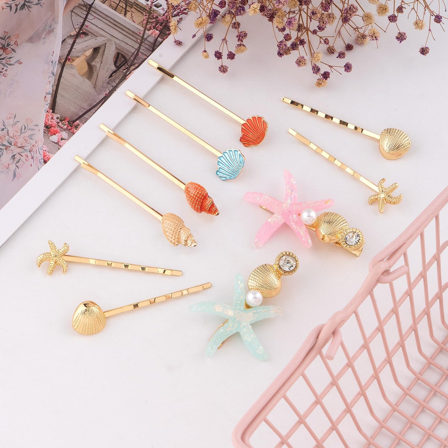 HINZIC 10 Pack Mermaid Starfish Hair Clips, Seashell Pearls Crystal Hair Sticks, Sparkling Sea Star Bobby Pins Ponytail Holder, Faux Wedding Headpiece