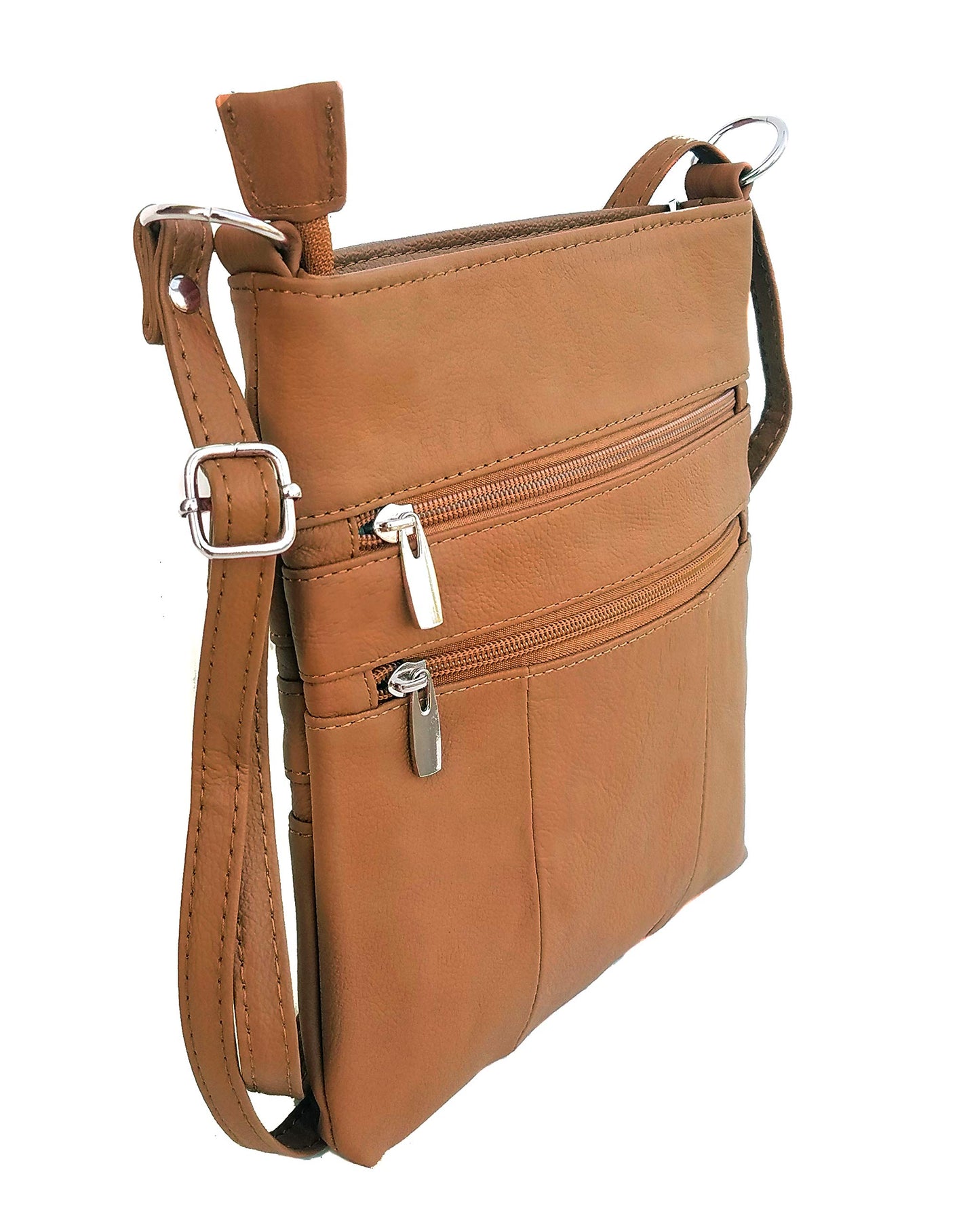 Roma Leathers Mini Cross Body Purse - Multi Pocket Double Zipper Handbag - Premium Light Brown Leather - Adjustable Shoulder Strap - Convenient…