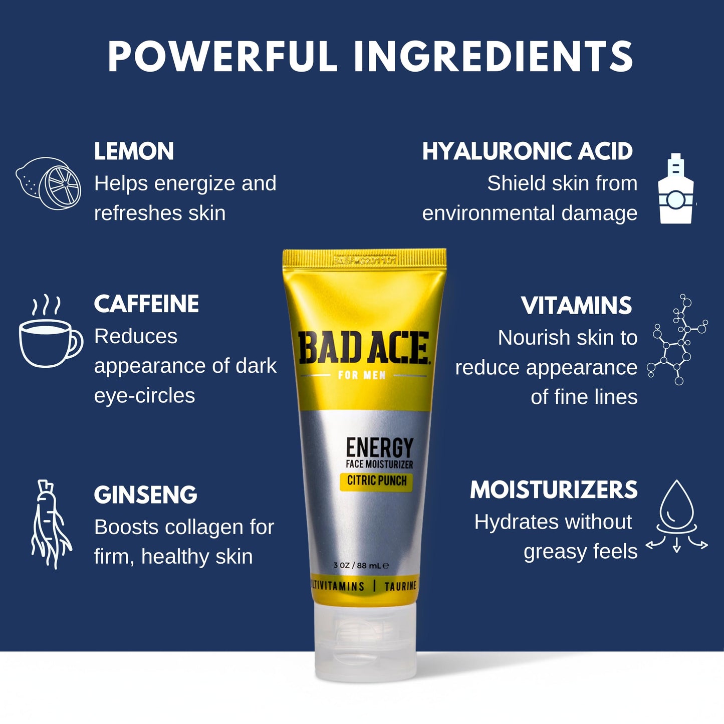 BAD ACE Energy Daily Moisturizer for Men, Korean Skin Care Hydrating Facial Cream - Multi-Vitamin Men's Face Moisturizer for Dry and Acne-Prone Skin