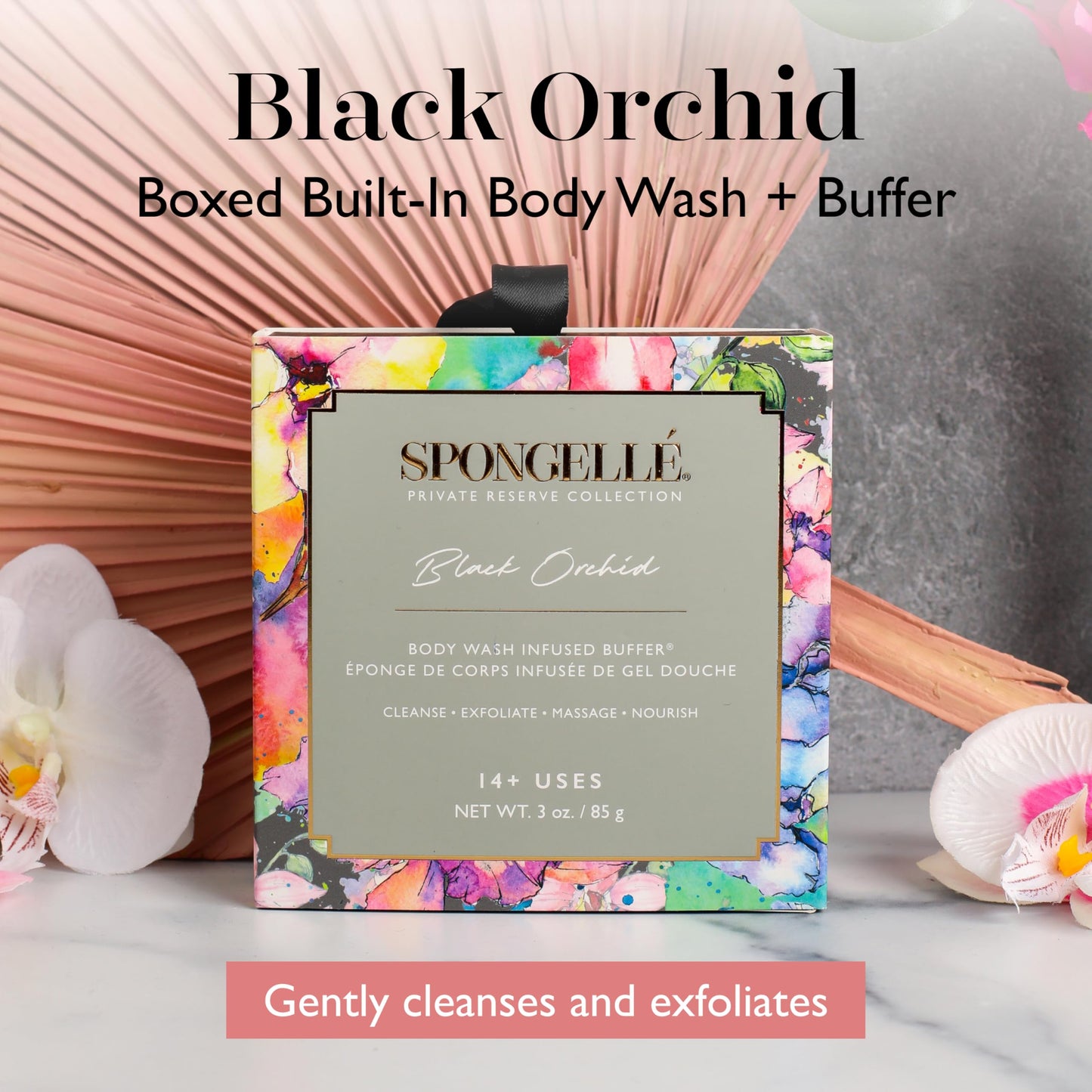 Spongellé Black Orchid Wild Flower Bath Sponge with Box for Mothers Day Gift | Built-in Body Wash & Body Scrubber, Shower Loofah Sponge for Women |