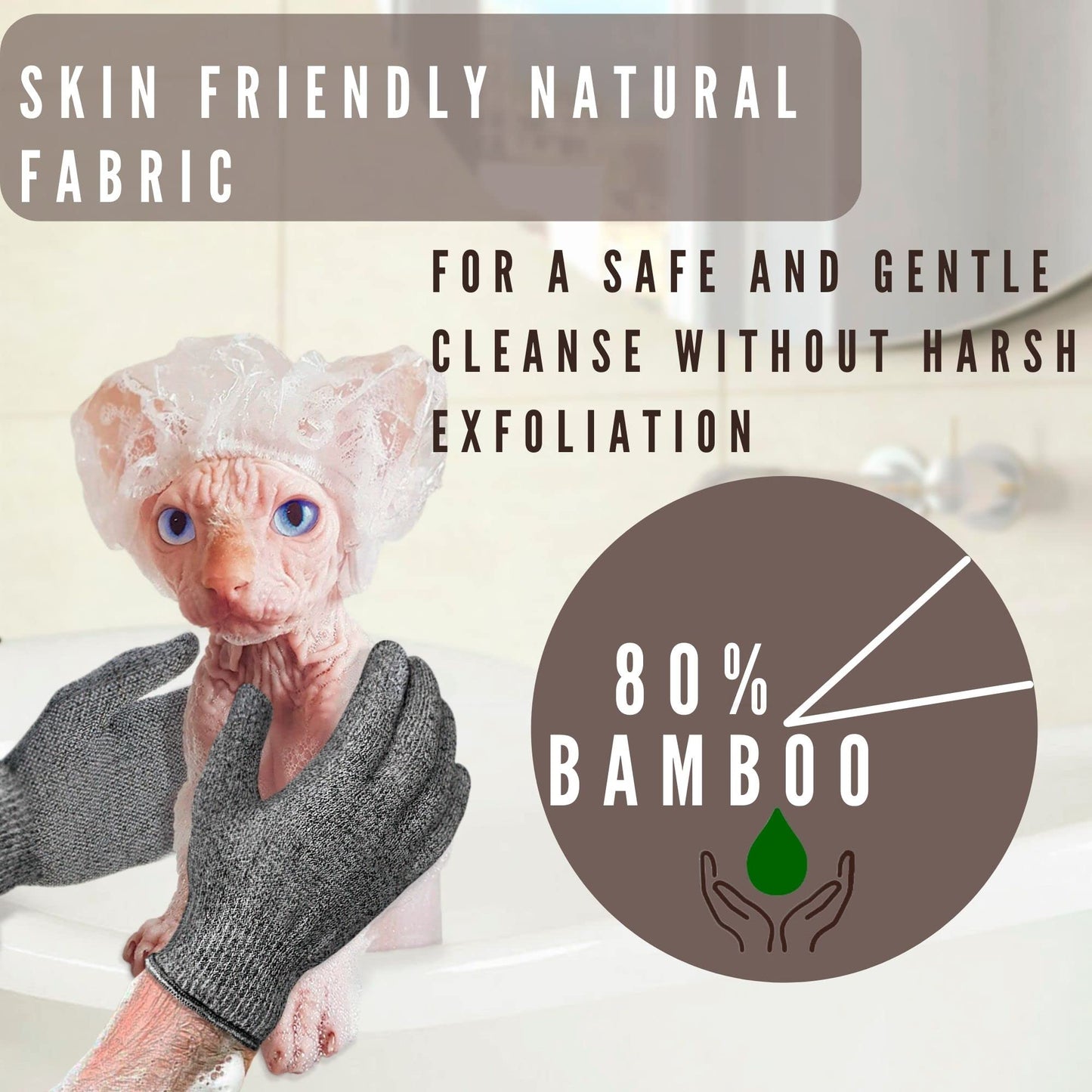 Kotomoda Sphynx Hairless Cats Carbonized Bamboo Bath Exfoliating Gloves Charcoal Bamboo Shower Body Scrub (1 pair)