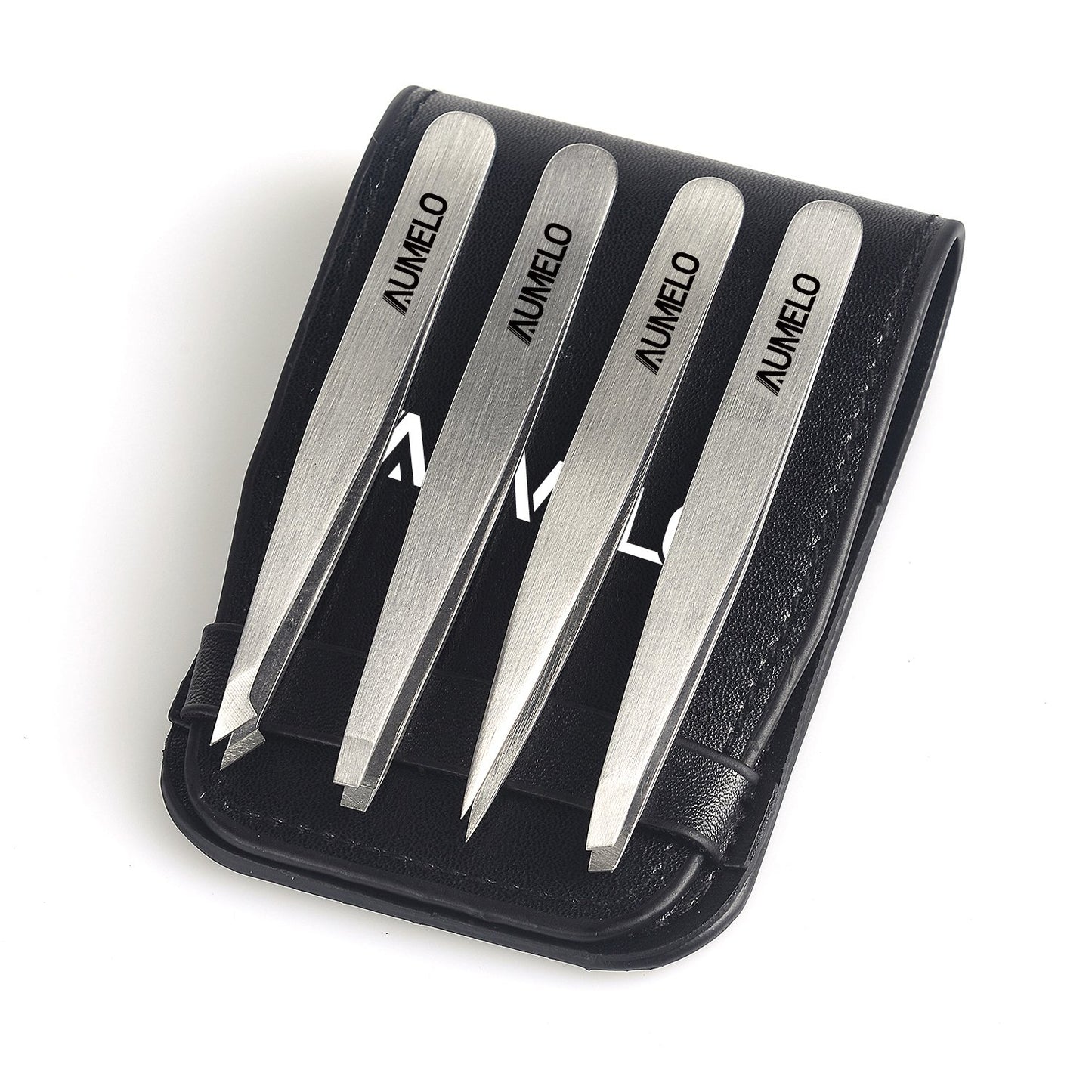Tweezers Set 4-Piece Professional Stainless Steel Tweezers Gift with Travel Case by Aumelo - Best Precision Eyebrow and Splinter Ingrown Hair Removal