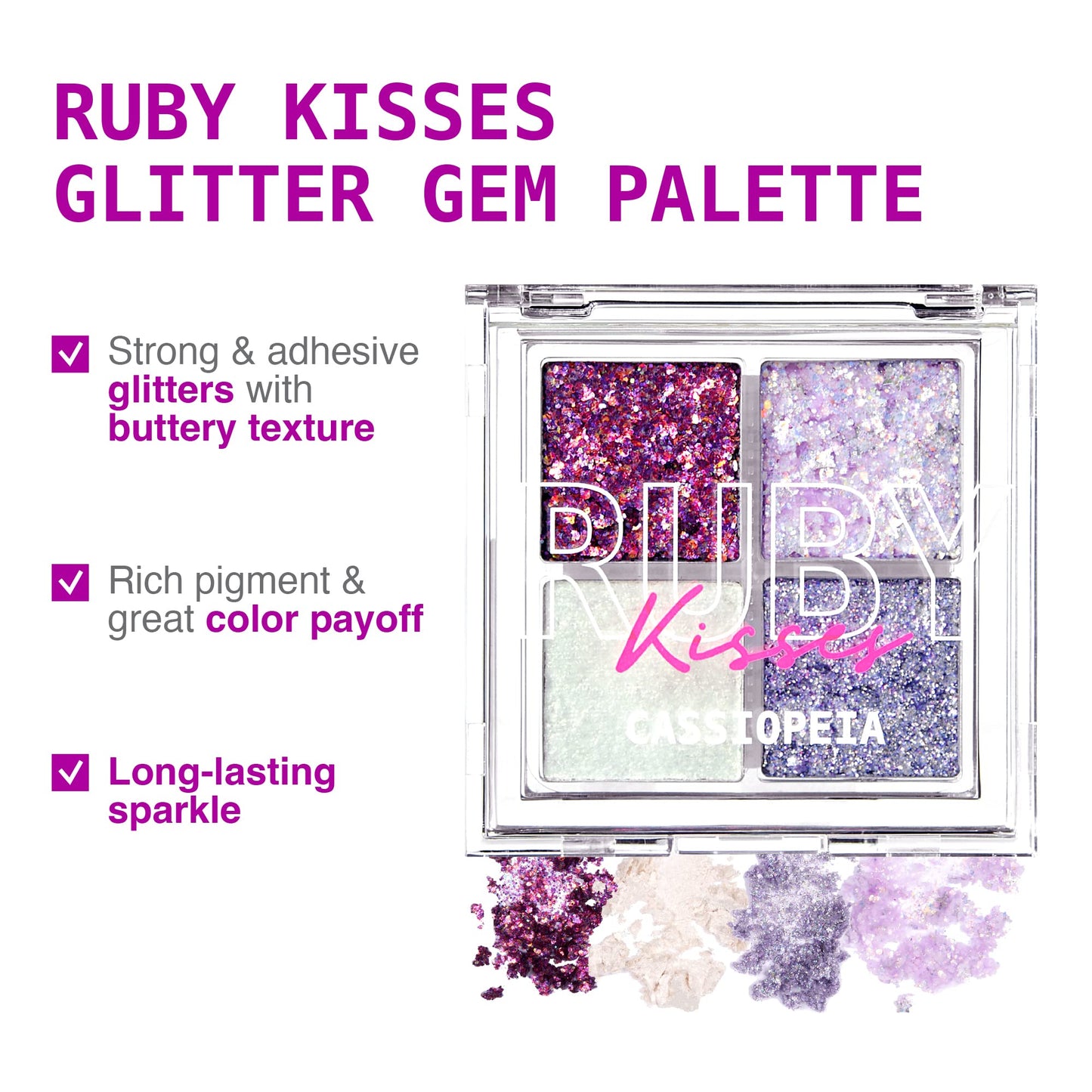 Ruby Kisses Glitter Gem Palette, 4 Shades Highly Pigmented Chunk Glitter, Buttery Texture, Long-Lasting Eye Makeup (Cassiopeia)