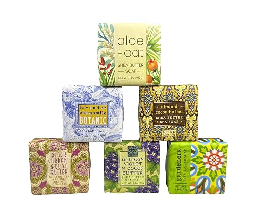Floral Soap Sampler-Set of 6- Enriched with Shea Butter, Essential Oils, Natural Extracts (African Violet, Black Currant, Almond Butter, Lavender