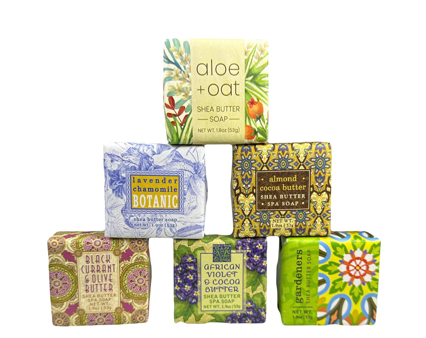 Floral Soap Sampler-Set of 6- Enriched with Shea Butter, Essential Oils, Natural Extracts (African Violet, Black Currant, Almond Butter, Lavender