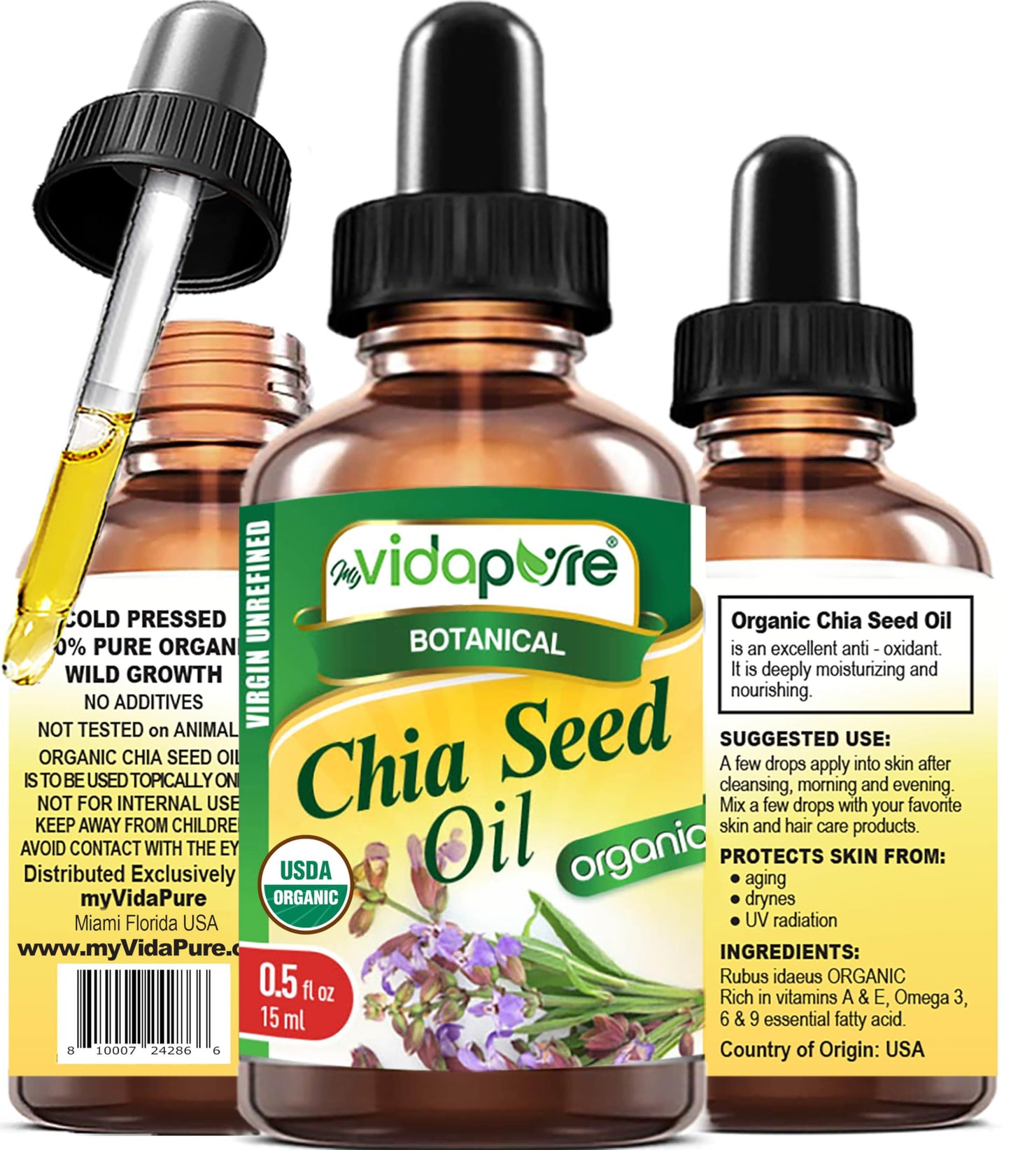 MYVIDAPURE Organic CHIA SEED OIL Certified Organic 100% Natural Pure VIRGIN UNREFINED Undiluted Cold Pressed Carrier Oil for Face Skin Body Hair Lip