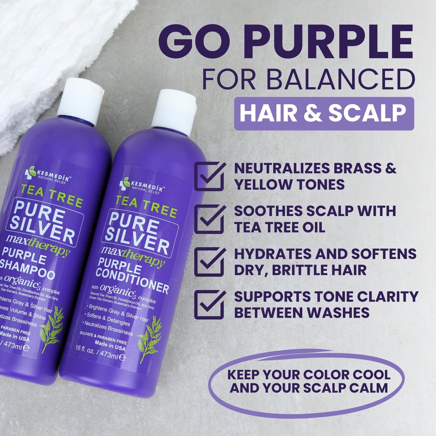 KESMEDIK Tea Tree Purple Shampoo & Conditioner Set with Rosemary & Aloe, Professional Anti Brass Toner, Removes Yellow Tones for Gray, Bleached, White