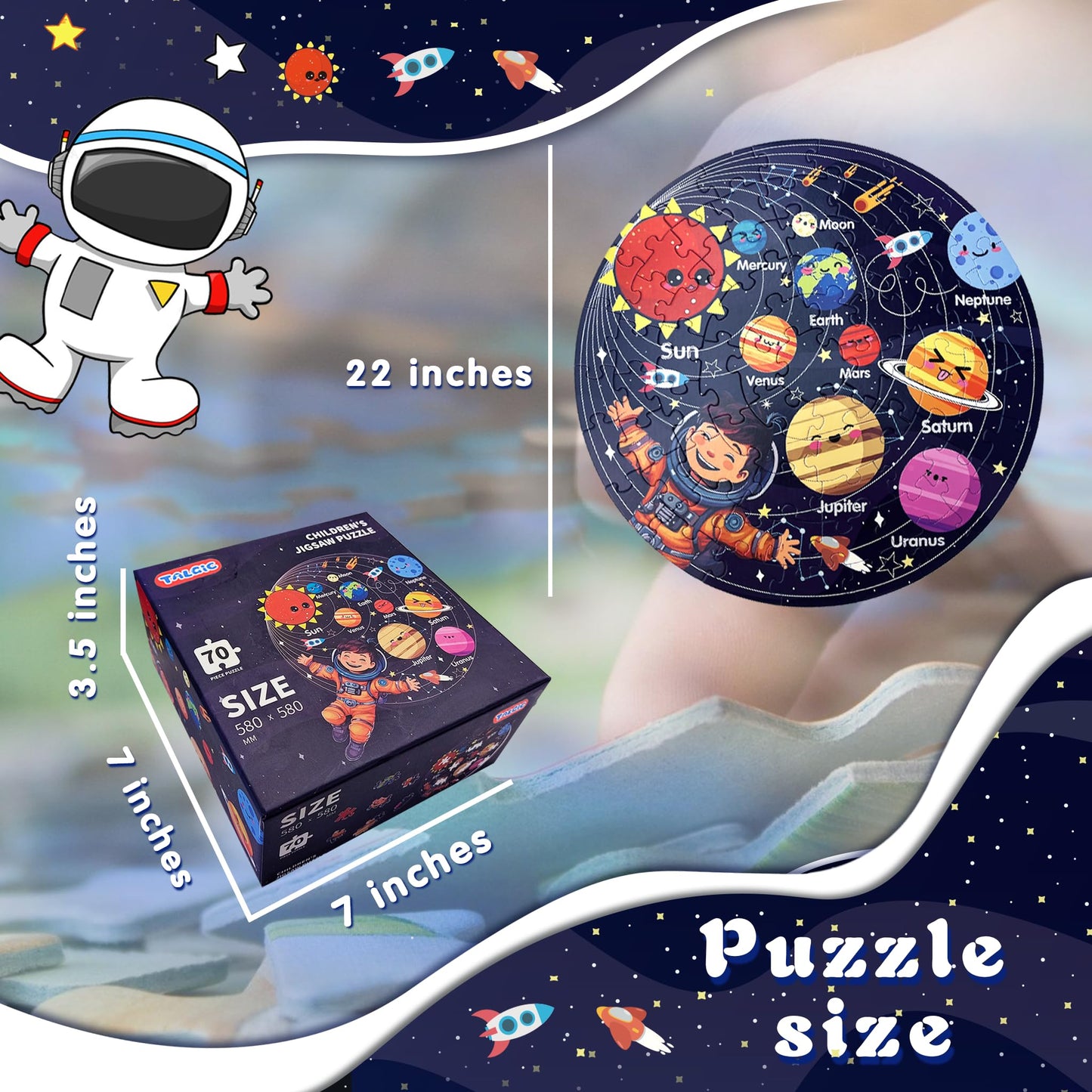 TALGIC Solar System Floor Puzzle – 70-Piece Round Jigsaw for Kids Ages 3–8, Educational Toy & Gift for Boys & Girls Ages 4–6