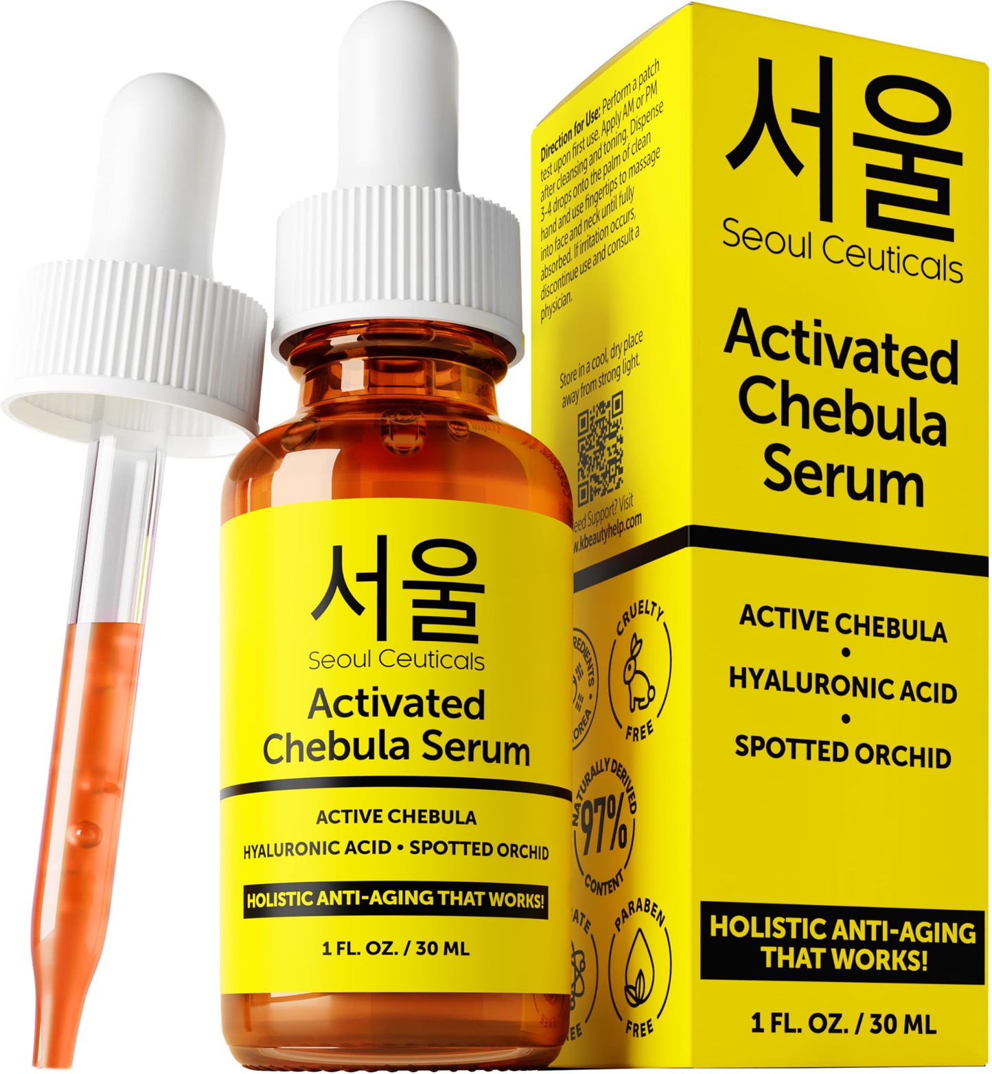 SeoulCeuticals Chebula Active Serum for Face - Korean Skin Care Anti Aging Natural K Beauty Skincare With Hyaluronic Acid + Spotted Orchid