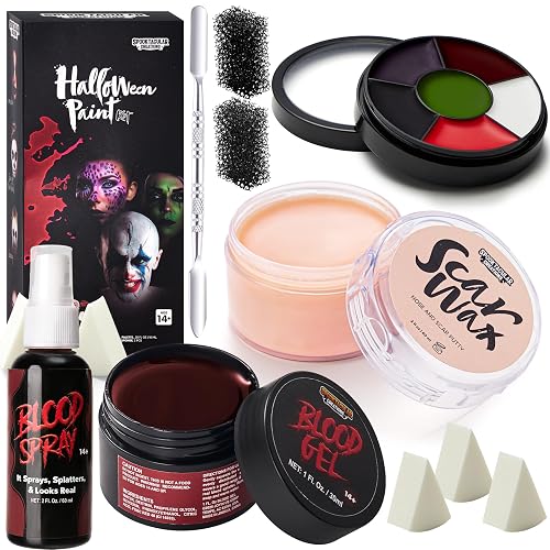 Spooktacular Creations Halloween Makeup Kit Face Painting Set,6 Colors Bruise Makeup Palette,Scar Wax with Spatula Tool,Fake Blood Gel,Blood