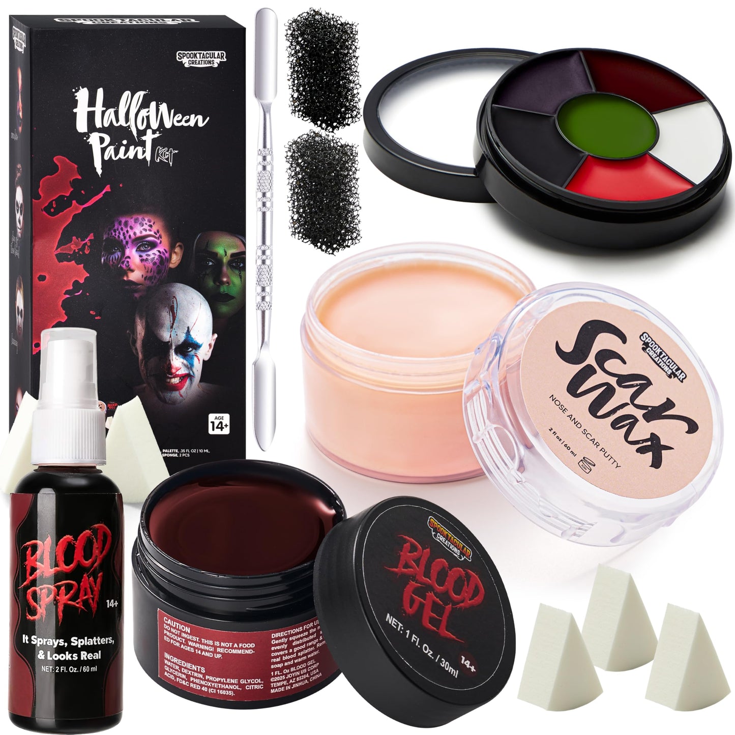 Spooktacular Creations Halloween Makeup Kit Face Painting Set,6 Colors Bruise Makeup Palette,Scar Wax with Spatula Tool,Fake Blood Gel,Blood