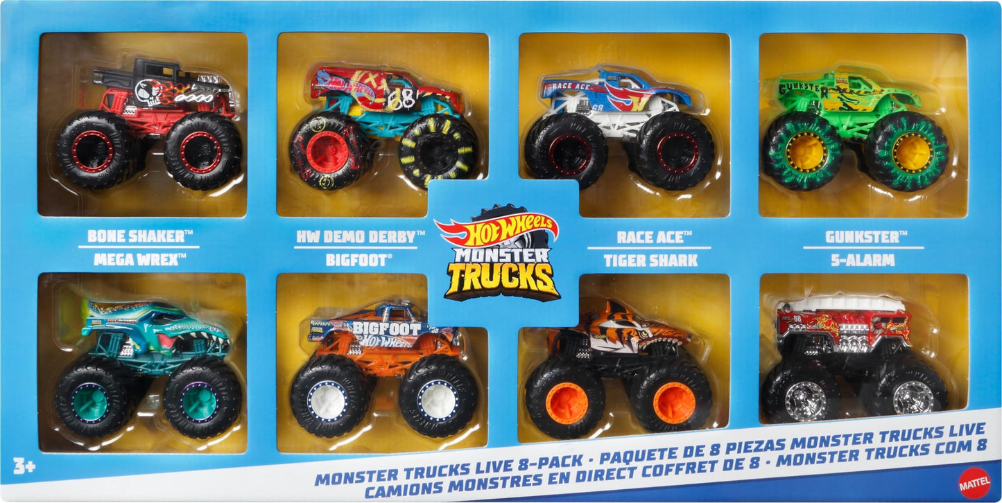 Hot Wheels Monster Trucks Live 8-Pack, Set of 8, 1:64 Scale Race Ace, Bone Shaker, Tiger Shark, HW Demo Derby, Mega-Wrex, 5-Alarm, Gunkster & Bigfoot