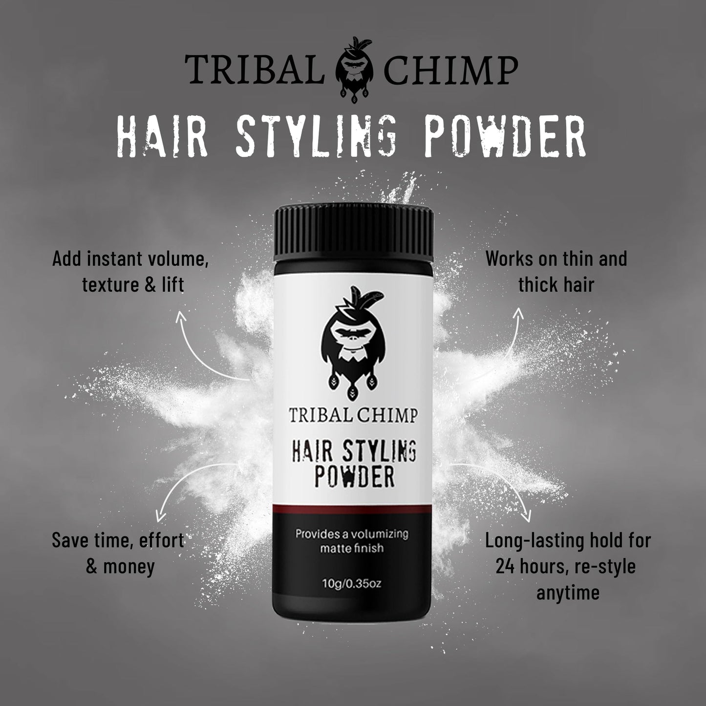 Tribal Chimp Hair Styling Powder for Men & Women - Hair Volumizer & Texture Powder for All Hair Types with Matte Finish - 24H Invisible Hold, Adds