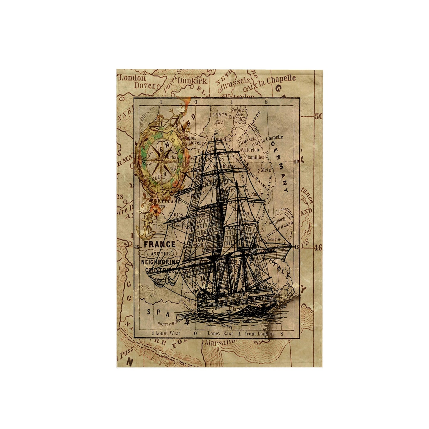 3D Rose TWL_243834_1 "Image of Black Ghost Ship On Vintage European Map Towel, 15" x 22"