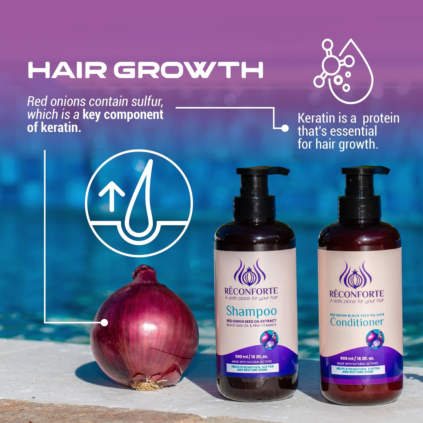 Rêconforte Onion Shampoo and Conditioner Set, 500ml / 16.9 fl oz Volumizing Formula for Fuller, Thicker-Looking Hair, Keratin Growth Formula, Paraben