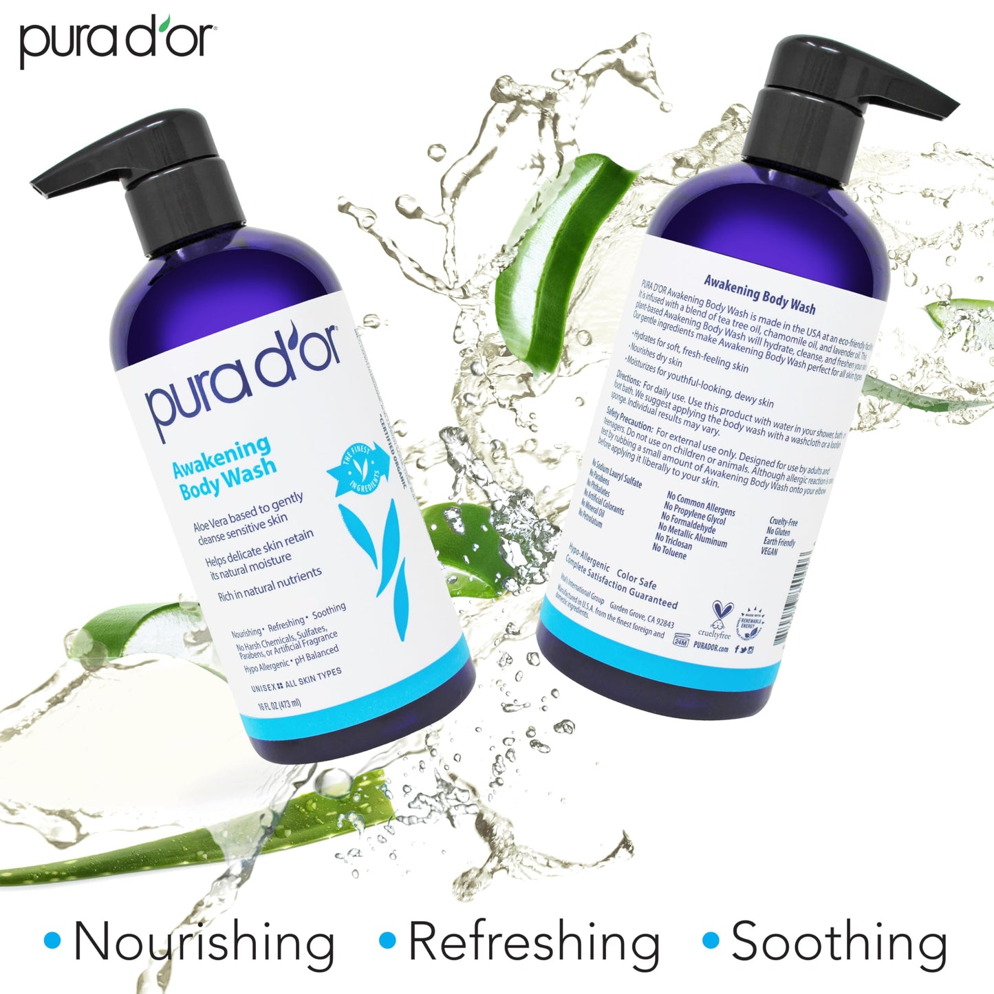 PURA D'OR Awakening Body Wash (16oz x2 = 32oz) Aloe Vera, Chamomile, Lavender, Tea Tree for Invigorating Earthy Scent, pH Balanced for Moisturized Beauty & Personal Care PURA D'OR