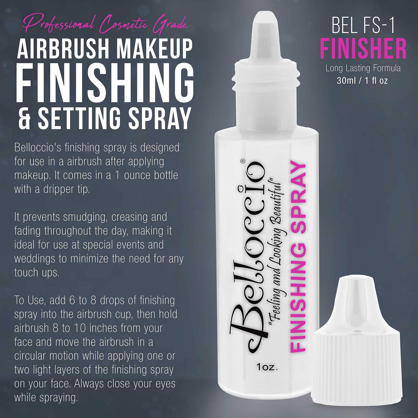 Belloccio Airbrush Makeup Finishing Spray & Setting Mist, 1 oz. Bottle - Long Lasting, Prevents Smudging and Fading - Sets Cosmetic Foundations