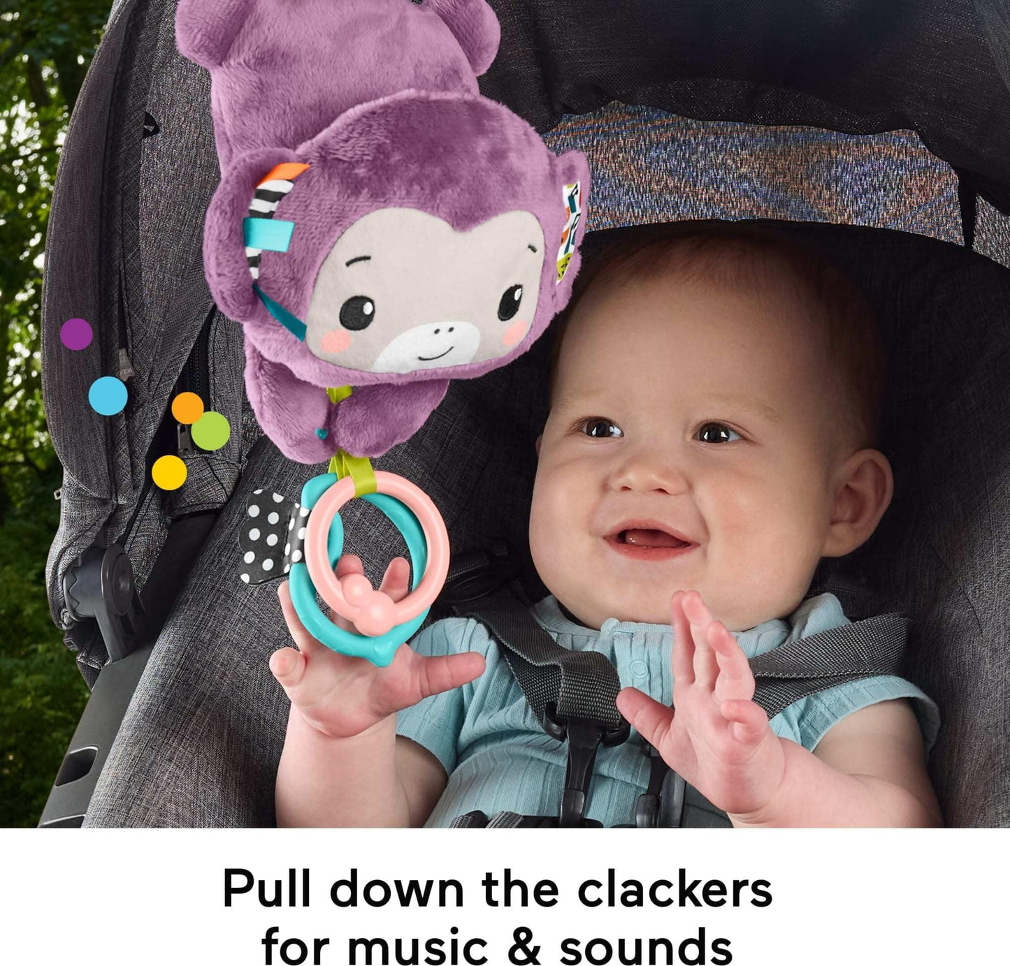 Fisher-Price Baby Stroller Toy Sing & Go Purple Monkey Musical Sensory Plush with Crinkle & Clackers for Newborns from Birth+