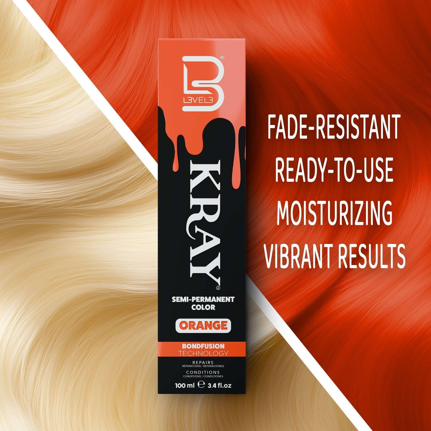 L3 - Level 3 Kray Semi Permanent Hair Color - Semi Permanent Hair Dye with Aloe Vera - Orange