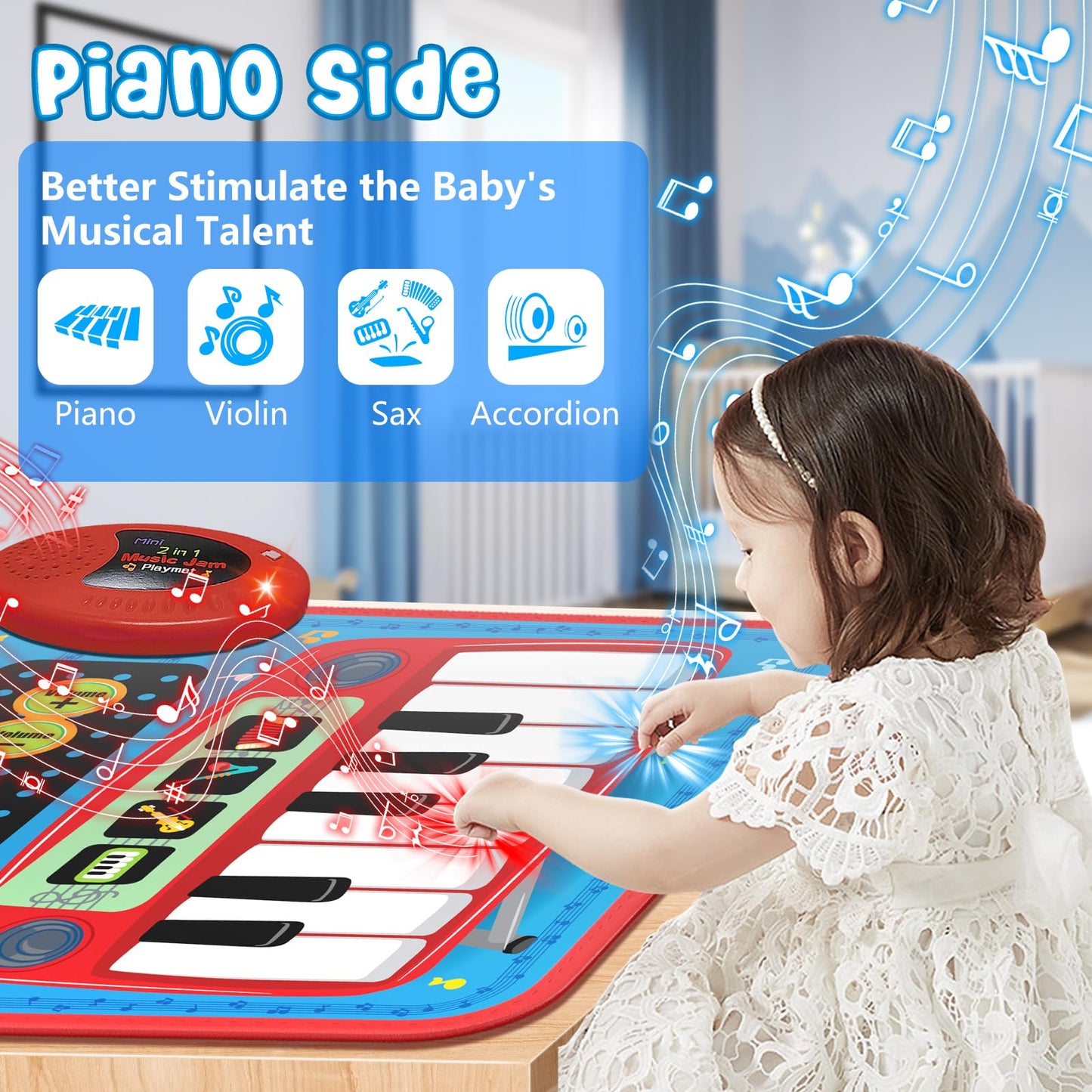 2-in-1 Musical Mat Toy – Piano Keyboard & Drum Set with Sticks, Educational Learning Toy for Boys & Girls Ages 1–5, Blue
