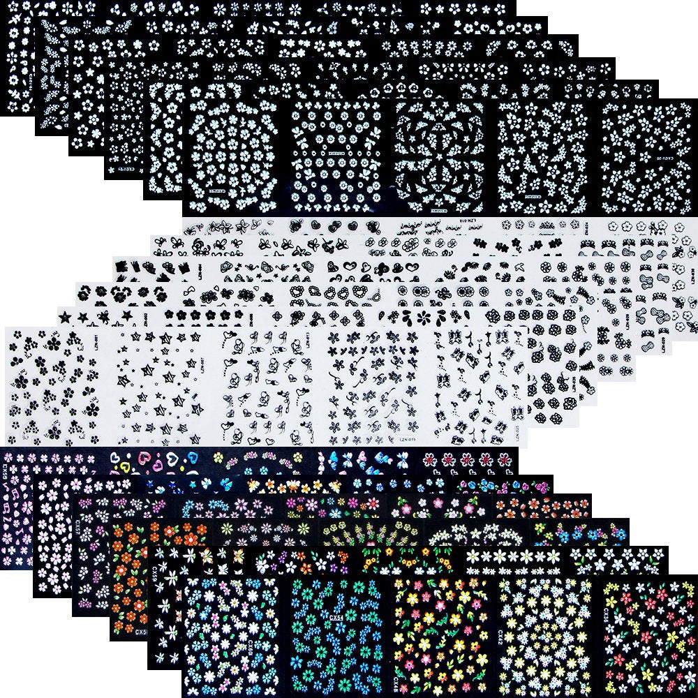 4500 Pieces Flowers Nail Stickers Kit 90 Sheets 3D Mini Nail Art Stickers Black White Colorful Various Patterns Flower Decals Self-Adhesive False