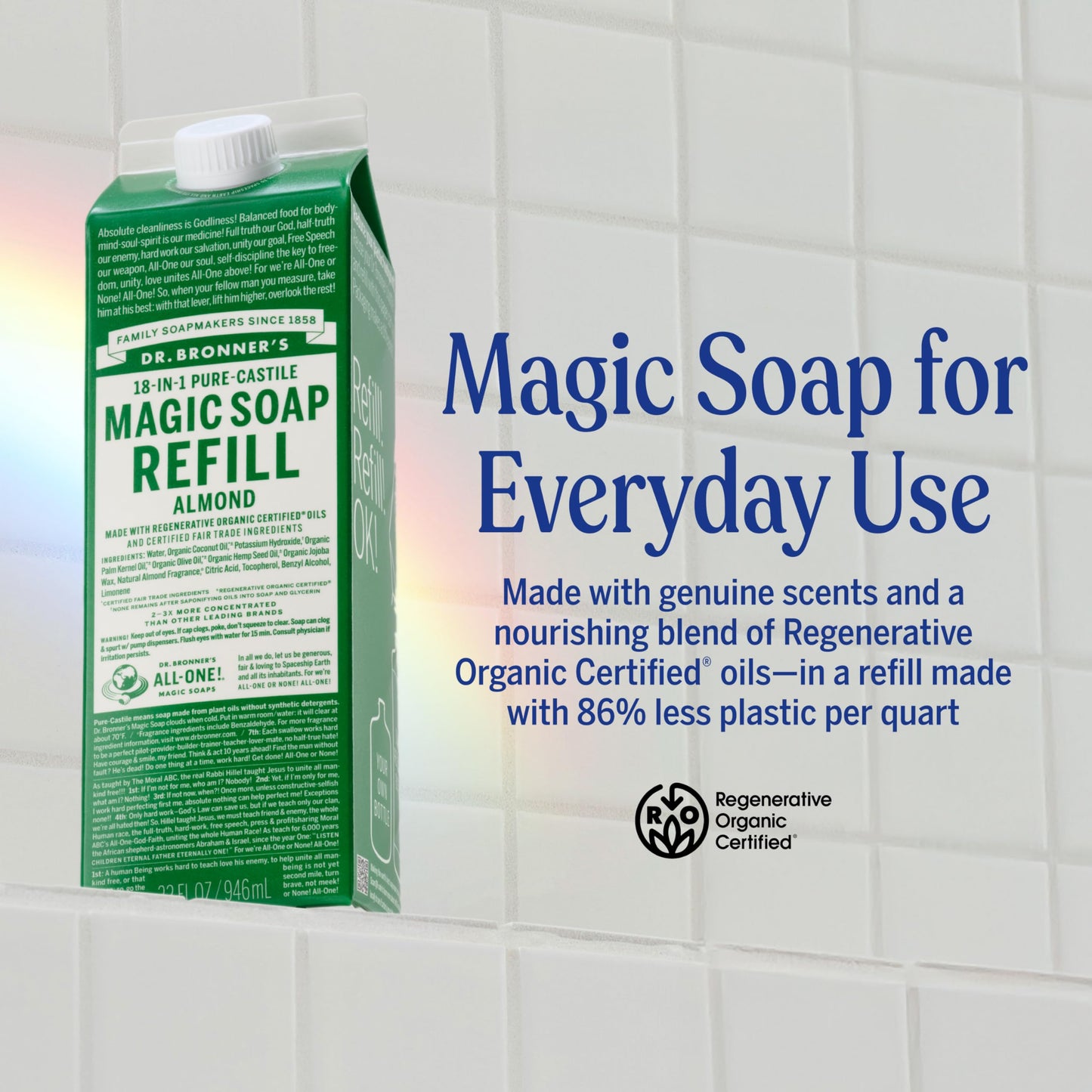 Dr. Bronner's Magic Soap Pure-Castile Liquid Soap Refill - Made with Regenerative Organic Certified Oils - 18-in-1 Uses for Face, Body Wash, Hand Soap