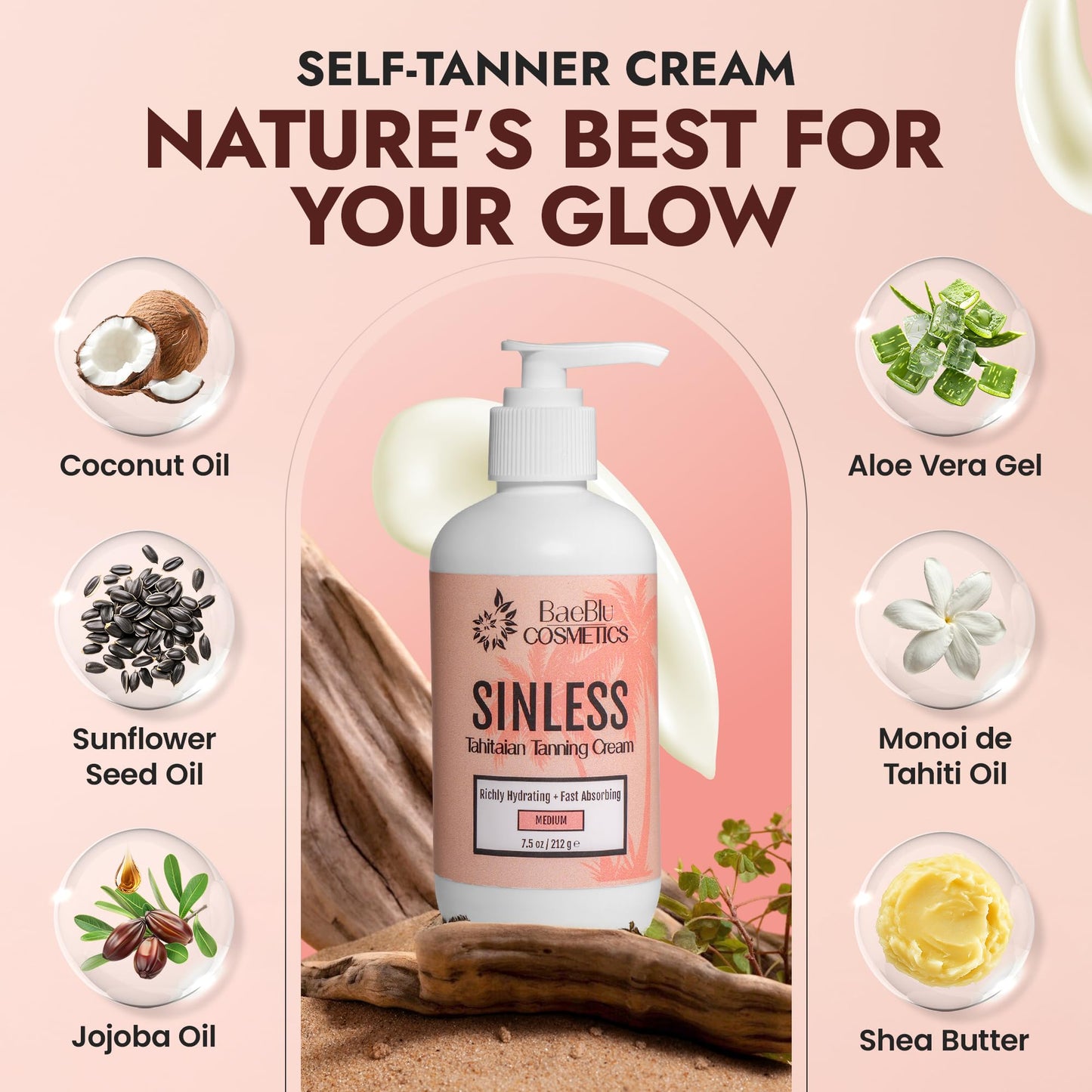 BaeBlu - Sinless Tahitian Self Tan Lotion - Sunless Tanning Lotion with Hydrating Monoi de Tahiti & Coconut Oils for Streak-Free, Golden Tan - No