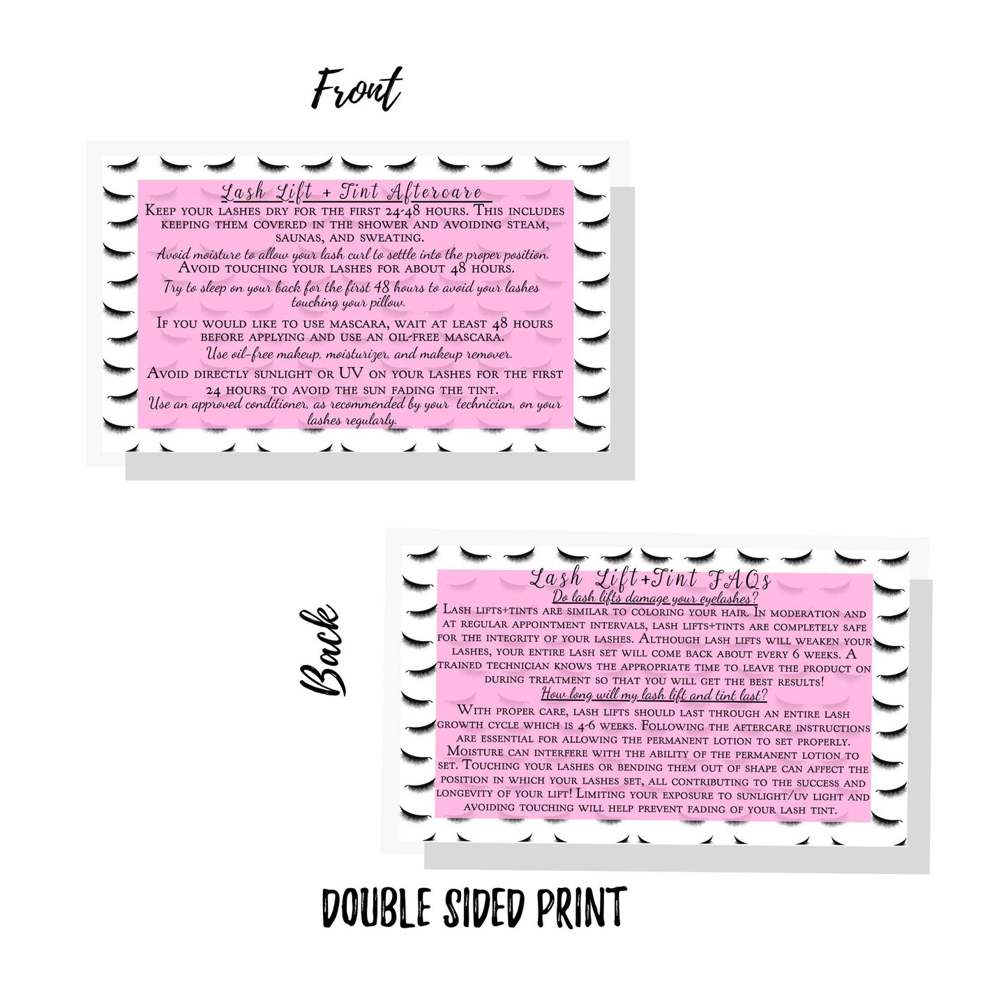 Lash Lift + Tint Aftercare Instruction Cards | 50 Pack | 2 x 3.5” inches Business Card Size | Eyelash Lift and Tint Kit at home diy aftercare supplies