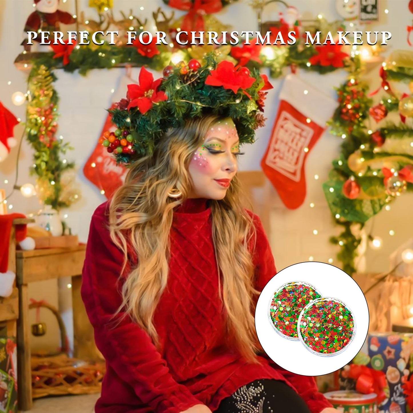 Red Green Gold Mixed Holographic Chunky Glitter, 13g (2 Jars x 6.5g) Crafts Glitter Powder with 10g Gel and Brush, Christmas Iridescent Nail Sequins