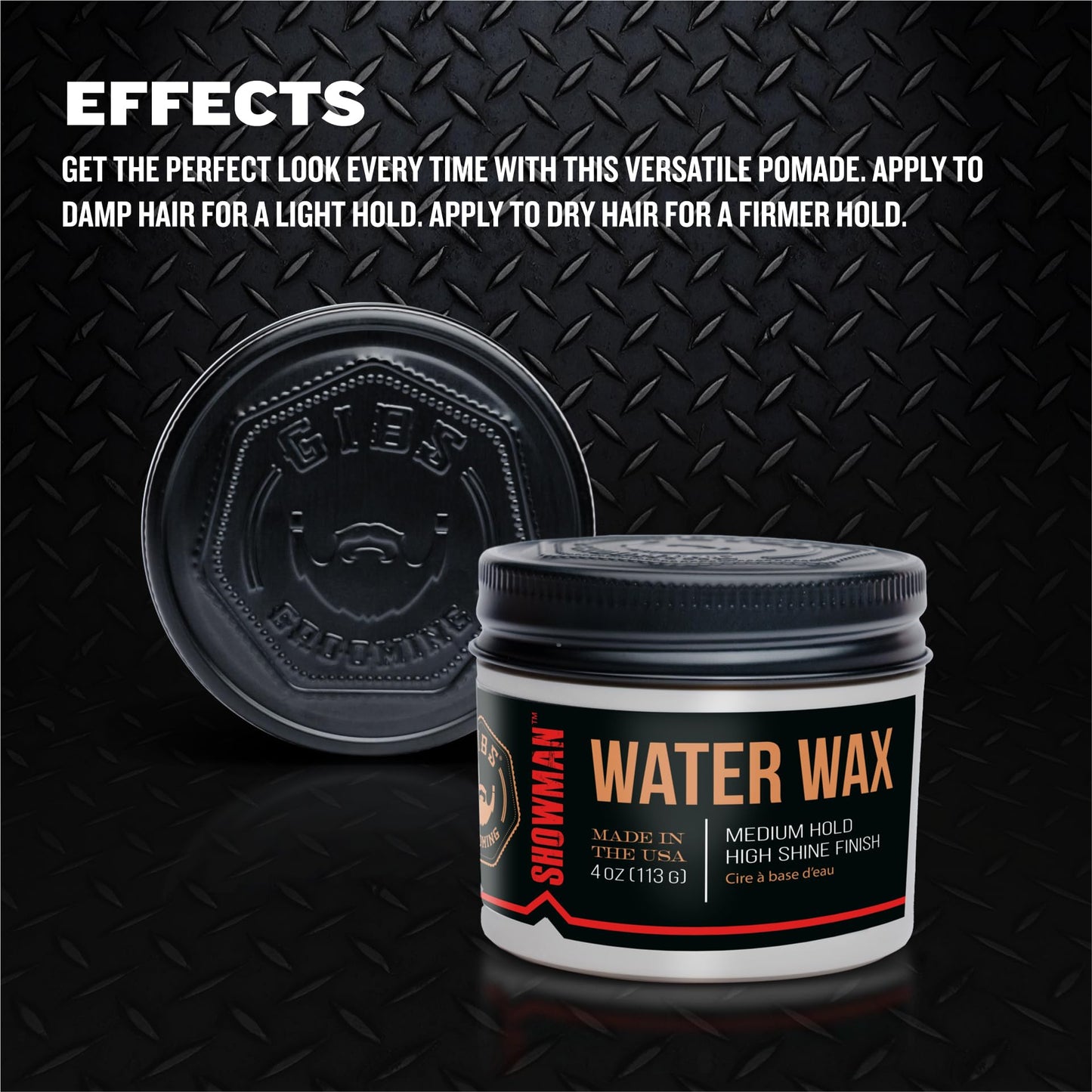 GIBS Water Wax, SHOWMAN-Medium Hold, Healthy High Shine, Water Based, made in USA, 4oz