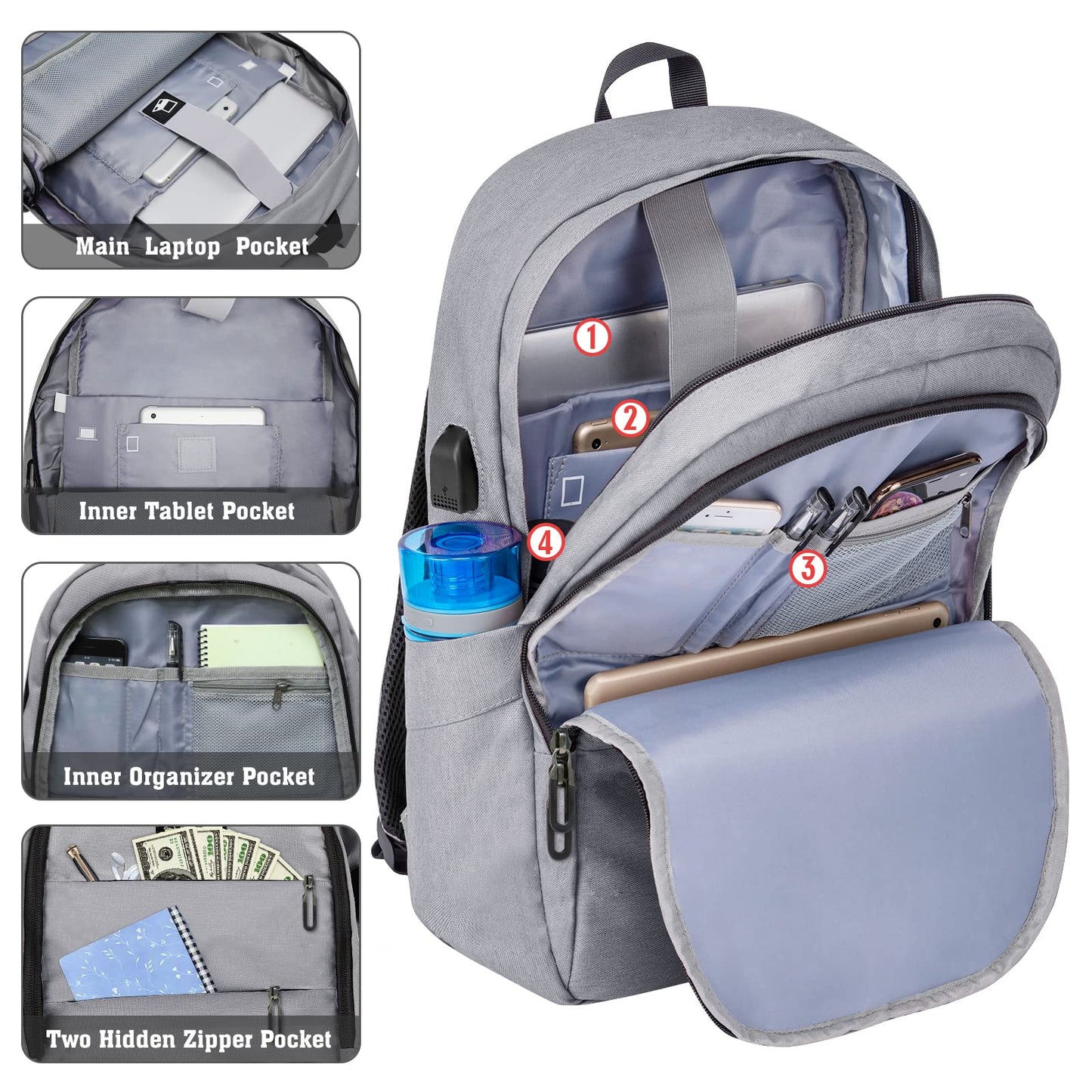 ZOMAKE Travel Laptop Backpack Water Resistant Anti-Theft Bag with USB Charging Port and Lock 14/15.6Inch Computer Business Backpacks Gift for Men Women(15.6 IN,A-Light Grey)