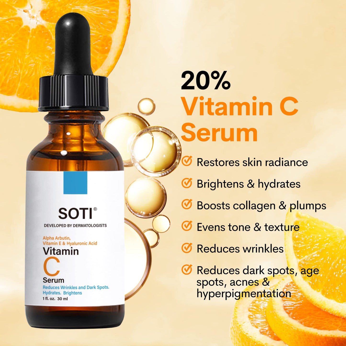 Vitamin C Face Serum with Hyaluronic Acid, Alpha Arbutin and Vitamin E, Anti Aging for Dark Spots, Wrinkles & Acne, Brightens Skin Tone, Restores