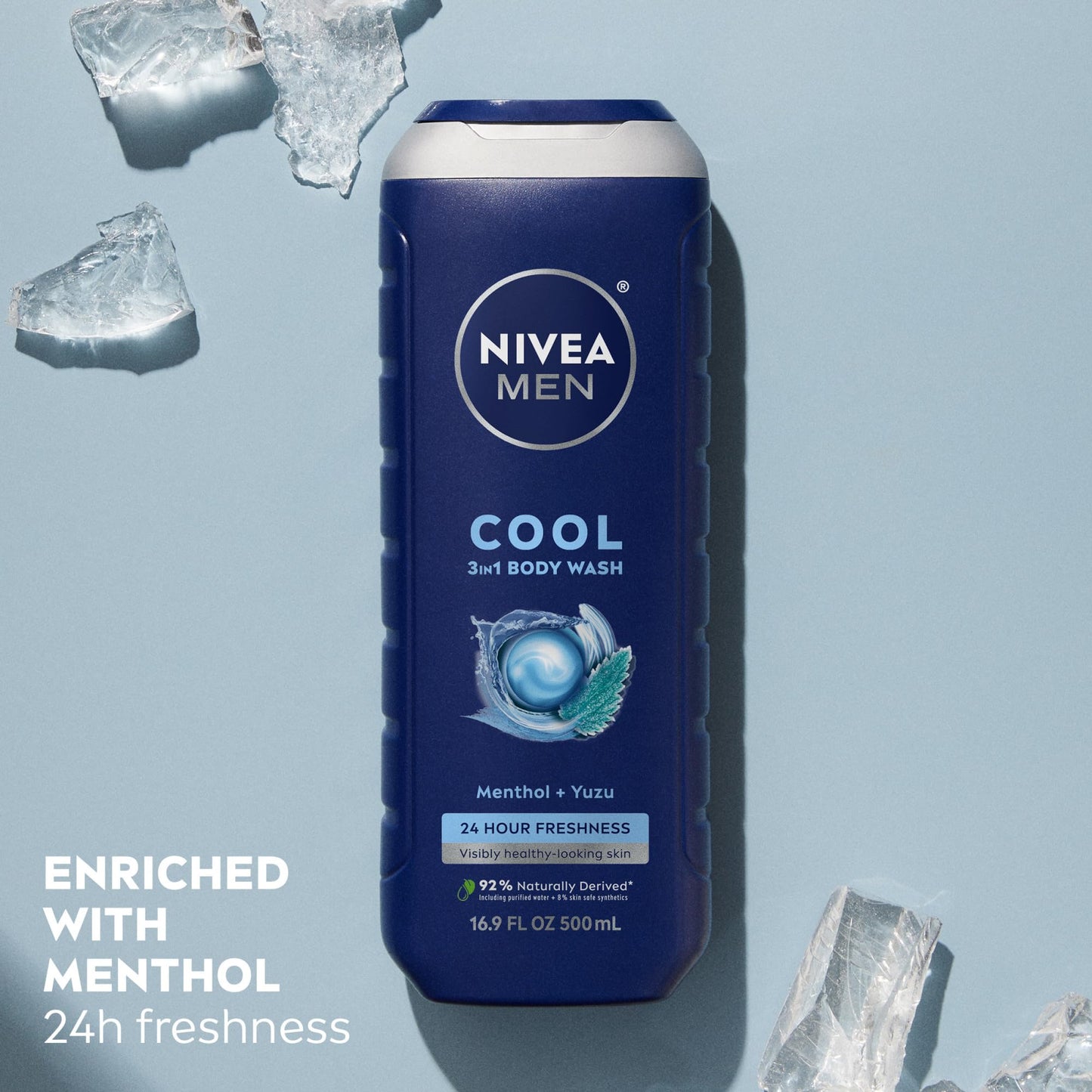 NIVEA MEN Cool Body Wash, Icy Menthol and Yuzu Scent, 3-in-1 Men's Body Wash, Face and Hair, Paraben Free, pH-Skin Friendly, 16.9 Fl Oz Bottle, Pack