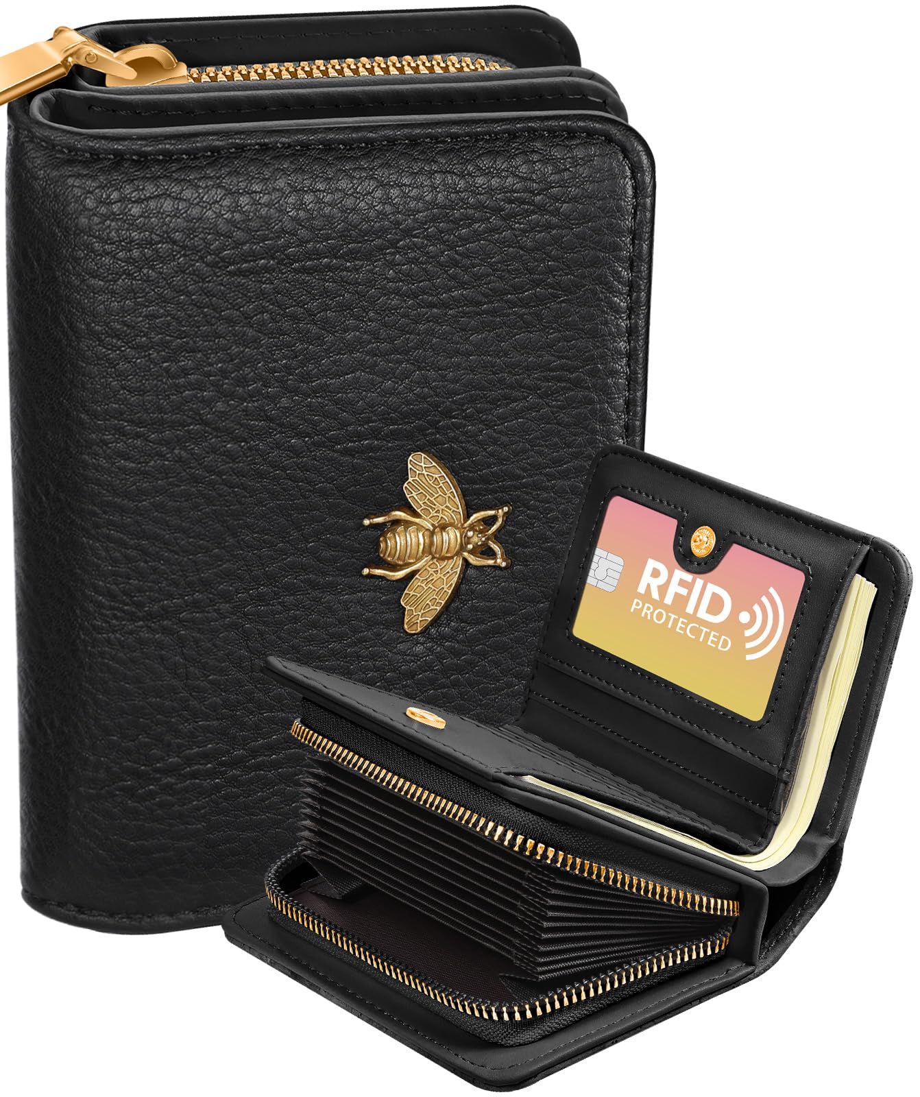 bistup credit card holder wallet for women cute leather ladies teen girls female cardholder wallets accordion purse small medium aesthetic print bee…