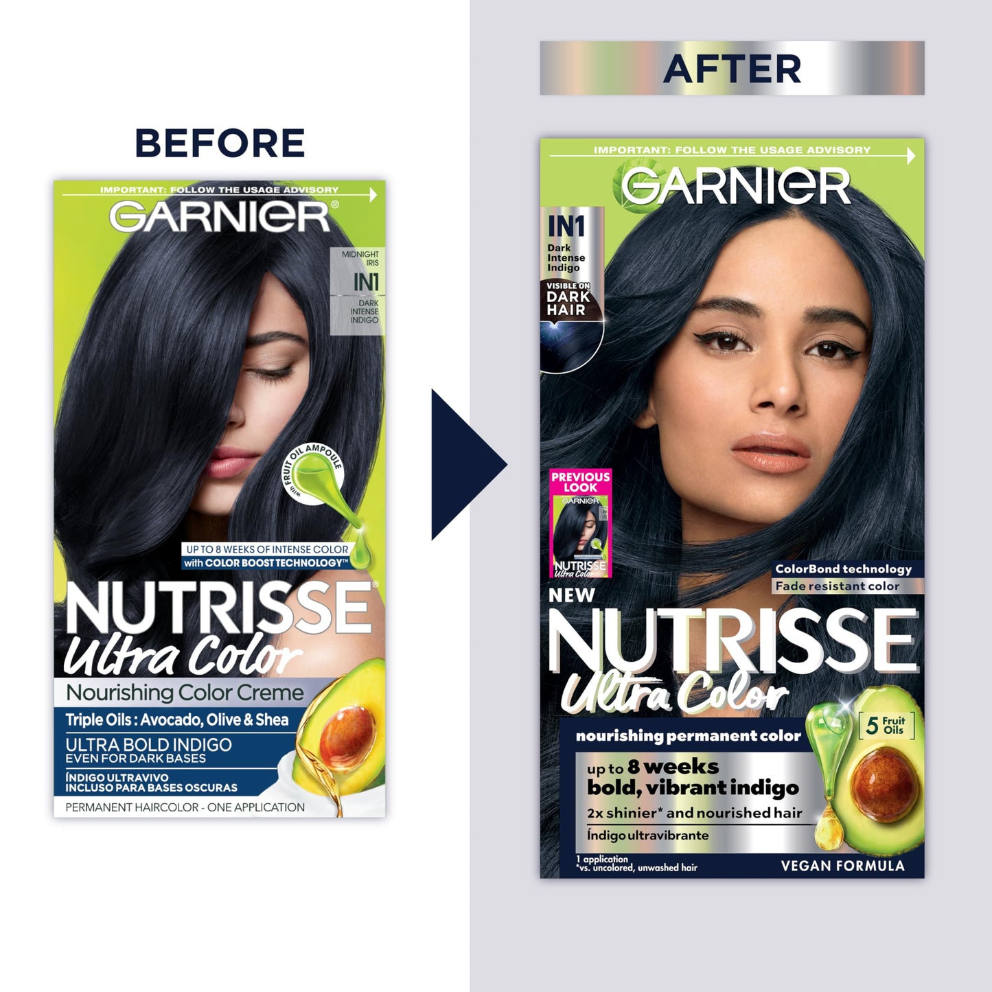 Garnier Hair Color Nutrisse Ultra Color Nourishing Creme, IN1 Dark Intense Indigo (Midnight Iris) Blue Permanent Hair Dye, 1 Count (Packaging May