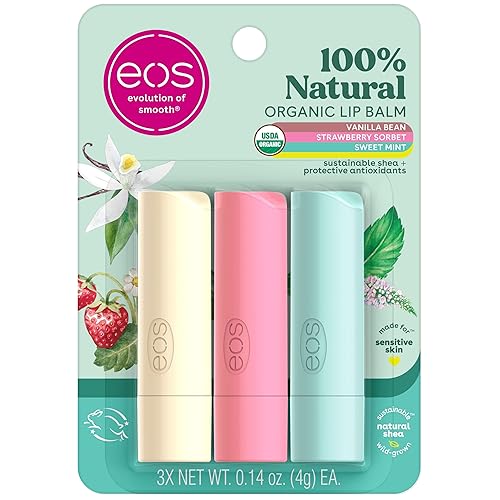 eos 100% Natural & Organic Lip Balm Trio- Vanilla Bean, Sweet Mint, & Strawberry Sorbet, Made for Sensitive Skin, Lip Care Products, 0.14 oz, 3-Pack