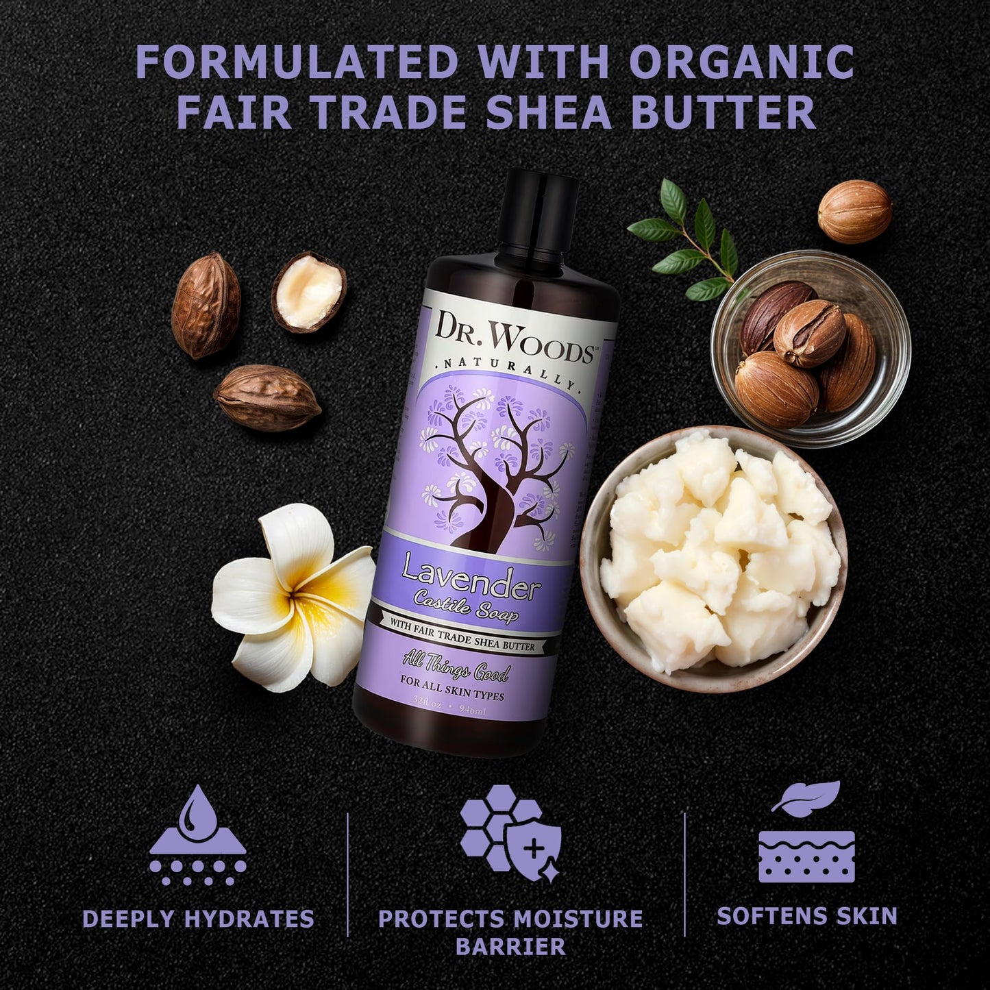 Dr. Woods Lavender Liquid Castile Soap - Castile Soap with Pure Lavender Oil, Body Wash for Men and Women, Organic Shea Butter, Natural Cleaner