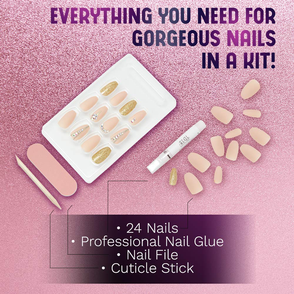 Ardell Nail Addict Premium Press On Nails Set - 24 False Nails Jeweled Coffin Shaped with Gold Accents, Artificial Acrylic Nail Kit with Glue for An Beauty & Personal Care Ardell
