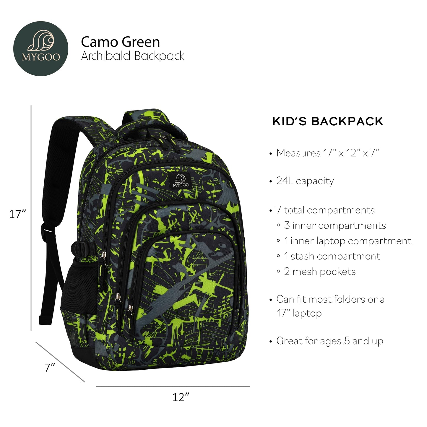 MYGOO Boys Dynamic School Backpack | Archibald Collection for Kids | 17" Height 24L | Camo Green