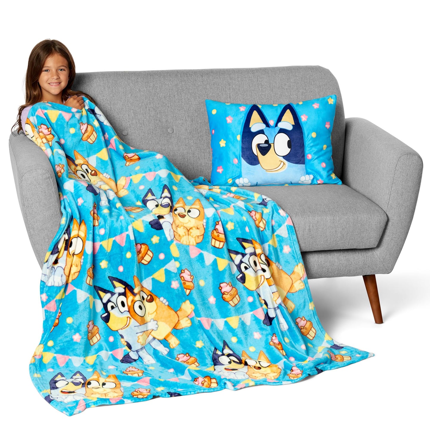 NORTHWEST Bluey Party Pups Silk Touch Throw Blanket 50 x 60 Inches with Bluey Plush Pocket Pillow 14 x 20 Inches - Comfy & Cozy Bluey Blanket &…
