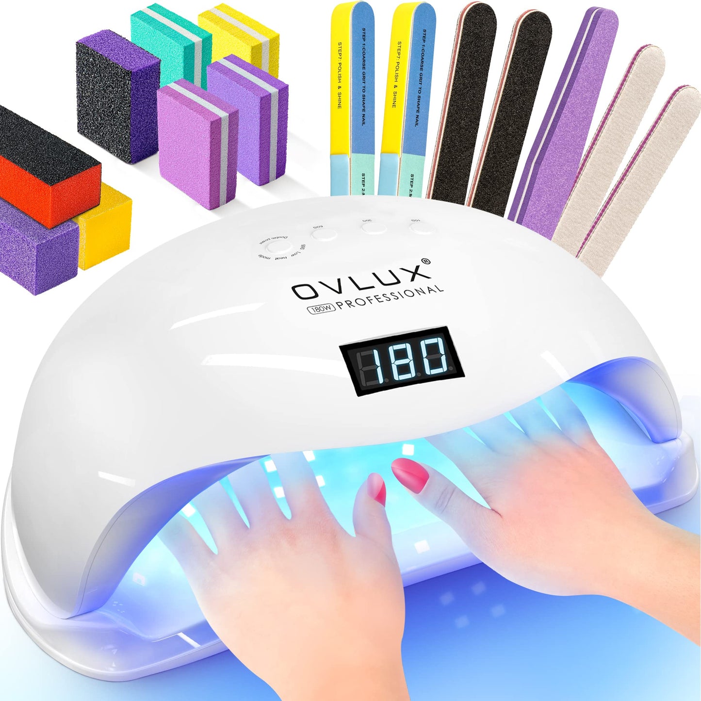 OVLUX 180W Professional UV LED Nail Lamp โ Fast Gel Nail Dryer with 57 LEDs, Auto Sensor, LCD Display & 4 Timers for Hands & Feet