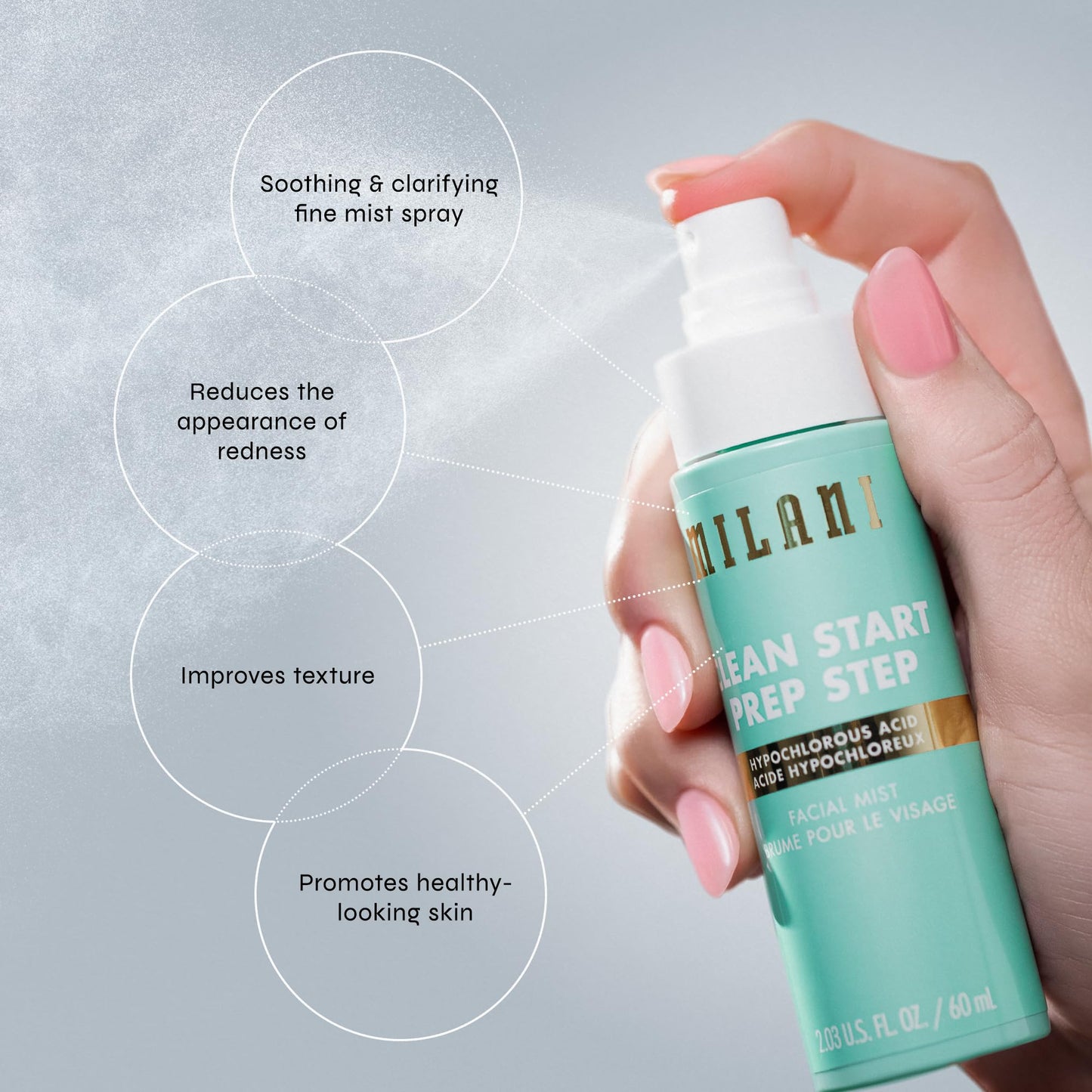 Milani Clean Start Prep Step Hypochlorous Acid Facial Mist - Purifying & Soothing Redness Relief Spray - Electrolyte-Infused Hydrating Skin Prep