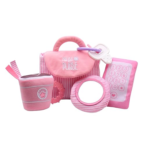 4 Piece Plush My First Purse Play Set with Sensory Toys and Bonus Teether Keys for Baby, Pink Stripe, 8 inch