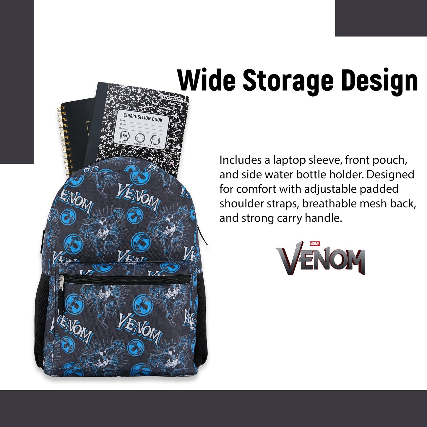 Marvel Comics Venom School Backpack - Avengers, Spiderman, Captain America, Iron Man, Hulk - Officially Licenced Bookbag for Boys & Girls (Venom Black)