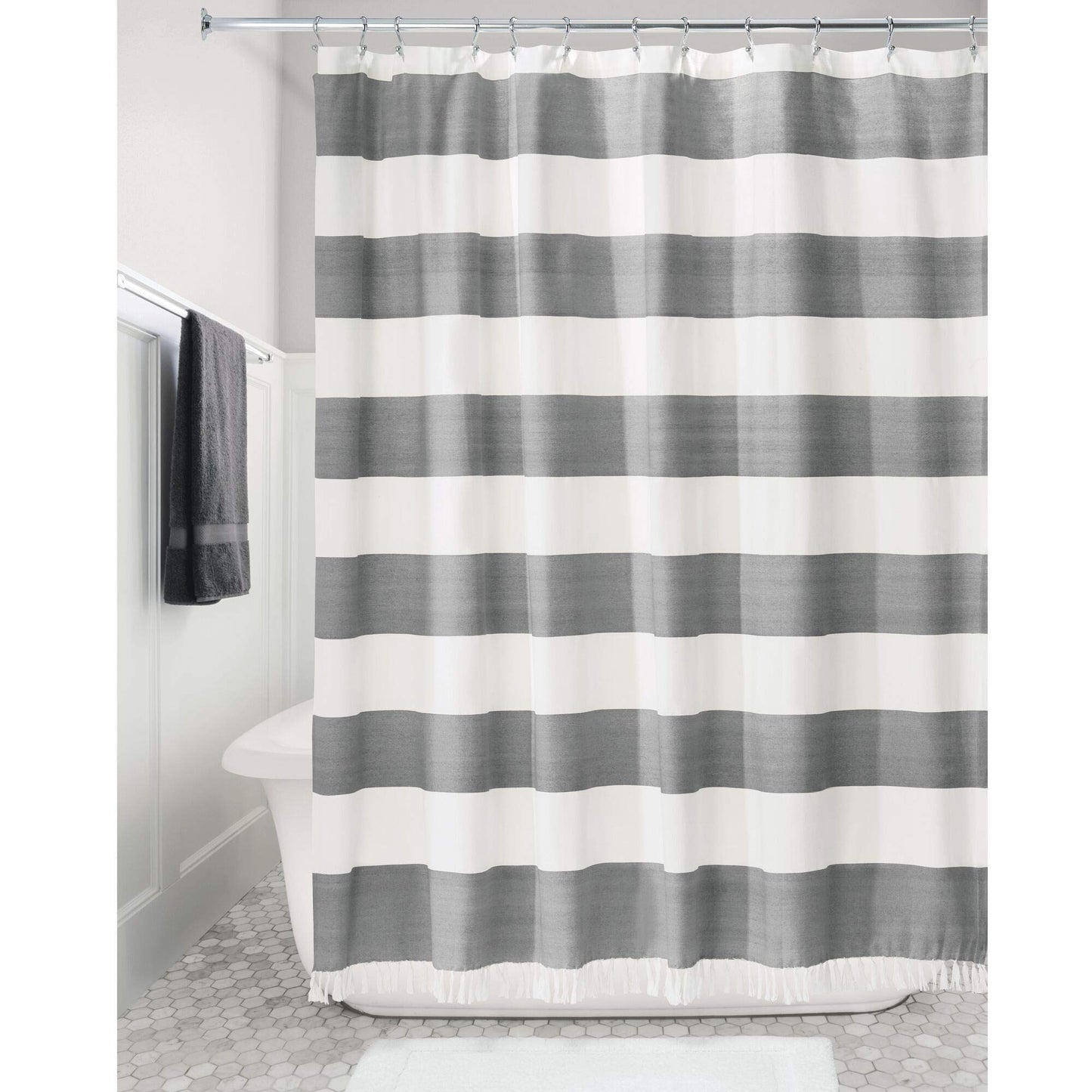 iDesign Wide Stripe Fabric Shower Curtain with Tassels, Fringe for Master, Guest, Kids' Bathrooms, Bathtubs, Stalls, Charcoal